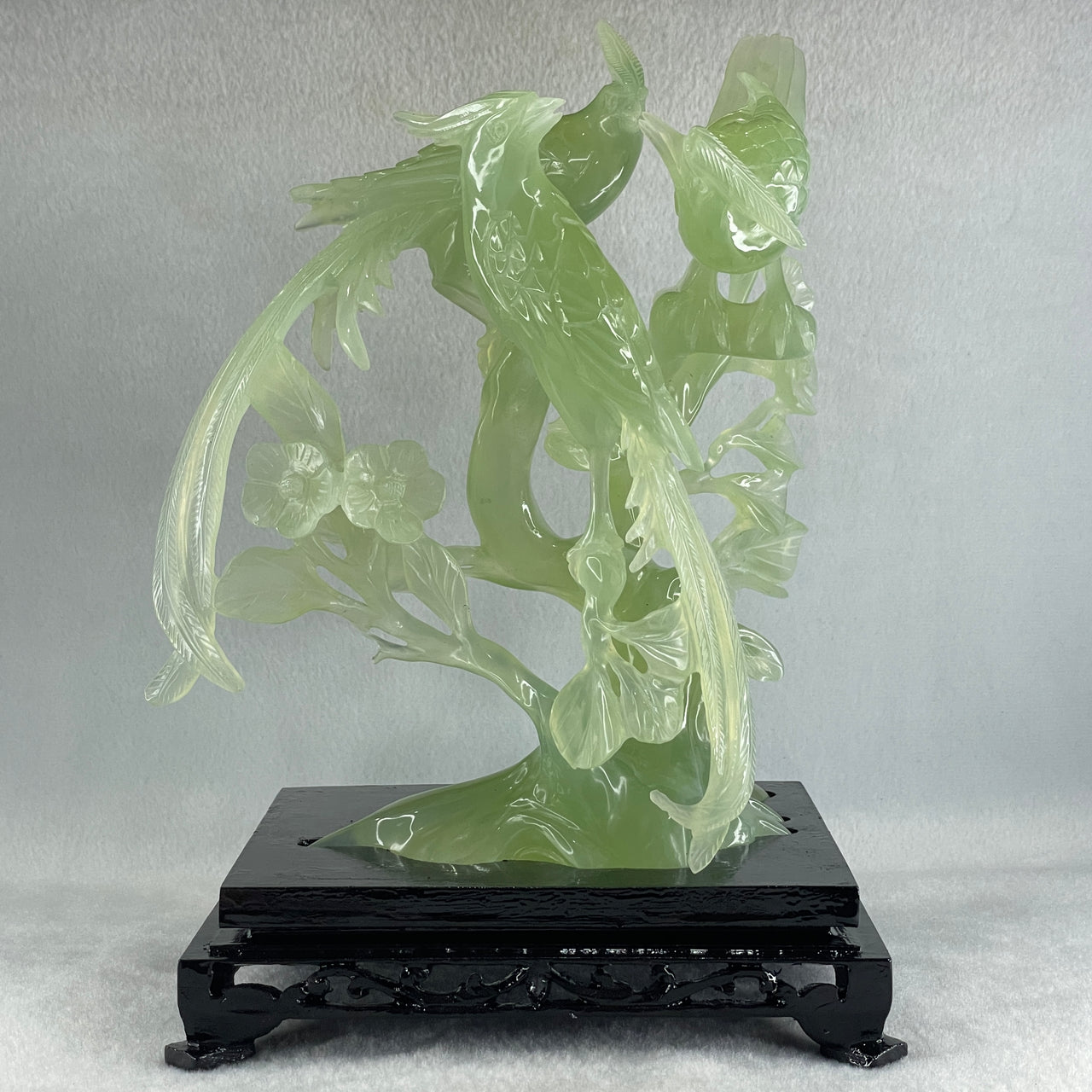 Natural Green Serpentine 3 Phoenix on Tree with Wooden Stand Display 1,022.5g 175.0 by 150.0 by 245.0mm - Huangs Jadeite and Jewelry Pte Ltd