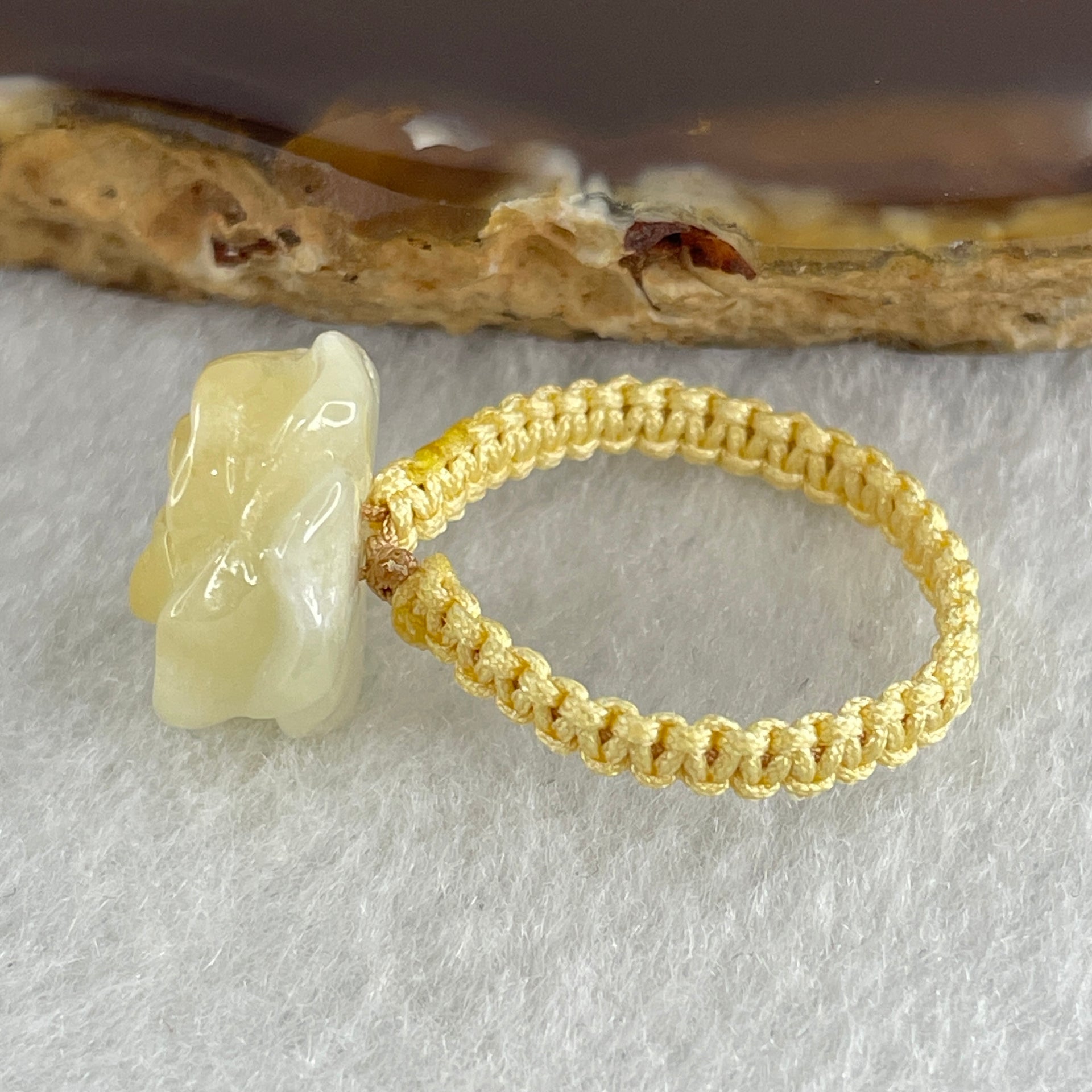 Natural Type A Light Yellow Jadeite Flower String Elastic Ring 2.75g 13.7 by 14.2 by 7.7mm US 7 HK 16.5 - Huangs Jadeite and Jewelry Pte Ltd