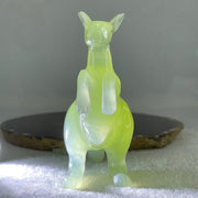 Natural Green Serpentine Kangaroo with Baby with Wooden Stand Display 235.6g 125.0 by 63.8 by 116.5mm - Huangs Jadeite and Jewelry Pte Ltd