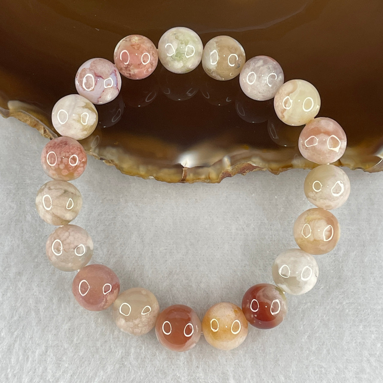 Natural Pinkish & Yellow Flower Agate Bead Bracelet | Untreated Cherry Blossom Agate Stretch Bracelet (26.33g | 15.5cm Wrist | 10.3mm | 19 Beads)