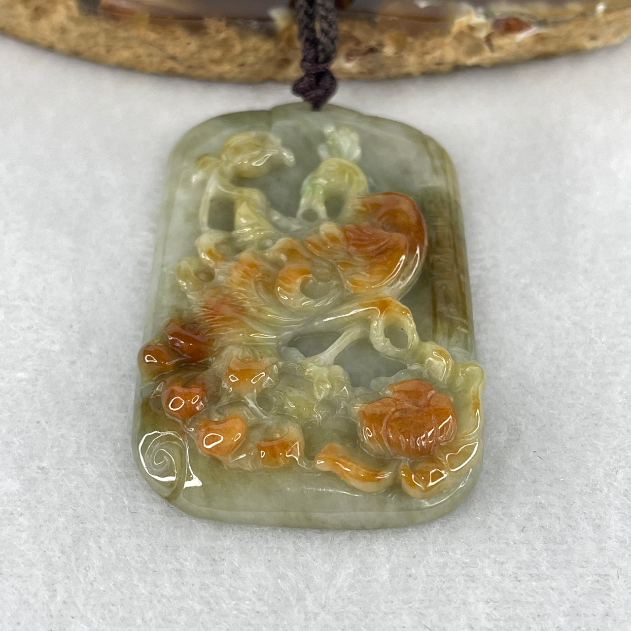 Natural Type A Green & Reddish Brown Jadeite Peacock on Flower Pendant | 100% Untreated Dual-Color Beauty & Royalty Motif | Statement Fei Cui Jade Pendant (25.62g | 56.5 × 32.3 × 7.0mm)