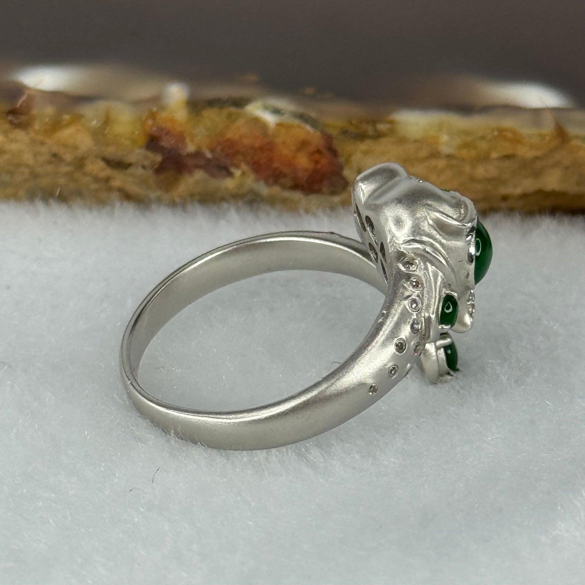Type A Burmese Full Spicy Green Jade Jadeite Leopard 18K White Gold Ring with Diamonds 3.36g US6.75 HK15 Inner Dia 17.4mm - Huangs Jadeite and Jewelry Pte Ltd