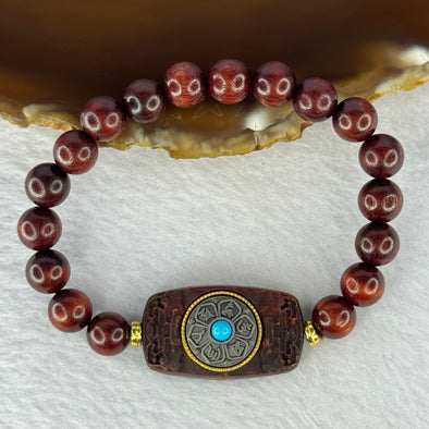 Natural Blood Zitan Beads with Rotating Turquoise Om Mani Padme Hum Powerful Mantra Bracelet 天然血檀木旋转唵嘛呢叭咪吽手链 10.86g 15cm 8.3mm 18 Beads / 30.1 by 17.5 by 6.8mm - Huangs Jadeite and Jewelry Pte Ltd