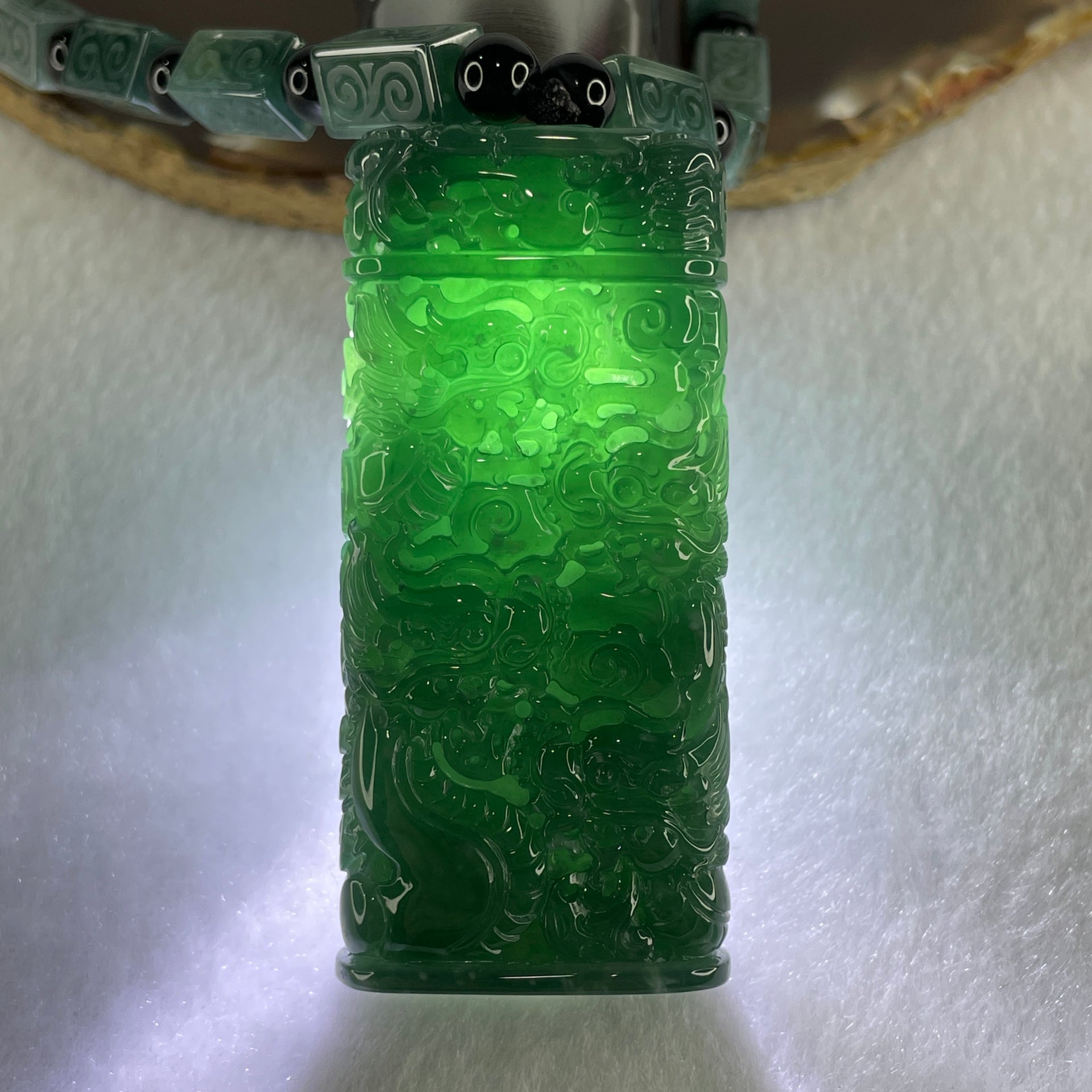Type A Jelly Blueish Green Jadeite 9 Dragon Double Side Pendant 121.51g 62.8 by 28.9 by 11.5mm - Huangs Jadeite and Jewelry Pte Ltd