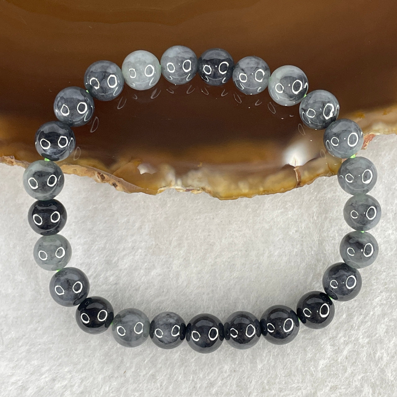 Natural Type A Partial Translucent Grey-Black Wuji Jadeite Beads Bracelet | 13.5cm Petite Strand | 25-Piece "Black Ink Painting" Watery Black Jadeite Talisman (12.79g, 6.9mm)