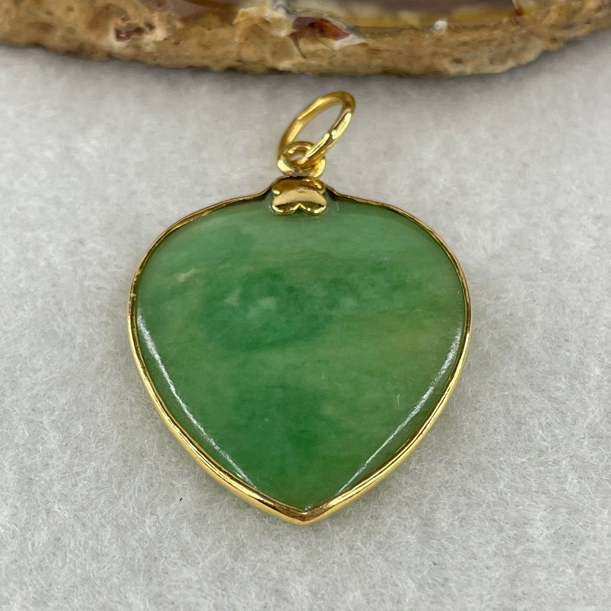 NGI Certified Natural Type A Green Jadeite Carved Almond Heart Pendant | 22K Yellow Gold Setting (7.88g | 30.82x25.79x4.19mm | Heart Chakra Harmony, Eternal Love & Prosperity Shield)