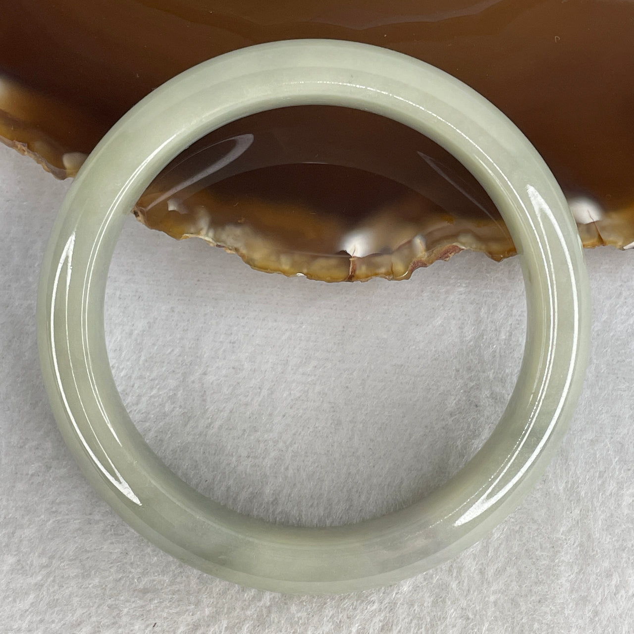 Natural Type A Translucent Multicolor Jadeite Bangle | 58.5mm Light Green & Lavender Patches with Earthy Brown Spot | Very Very Slight Internal Lines "San Cai" Round Wrist Heirloom (61.47g 13.0x8.7mm)