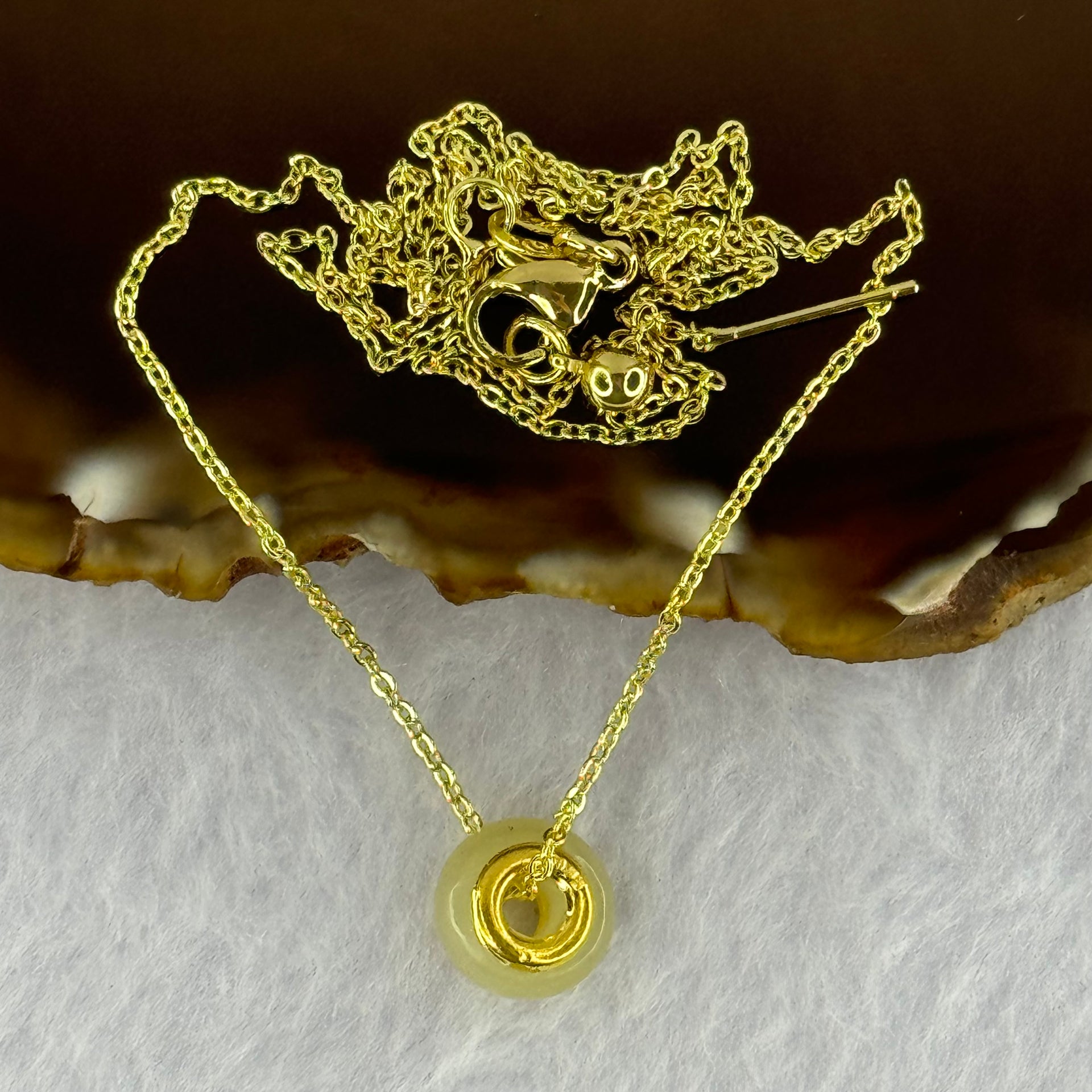 Natural Yellowish Nephrite Ping An Kou Donut 999 Gold Pendent in Gold Color Necklace 2.79g 10.0 by 6.0mm - Huangs Jadeite and Jewelry Pte Ltd