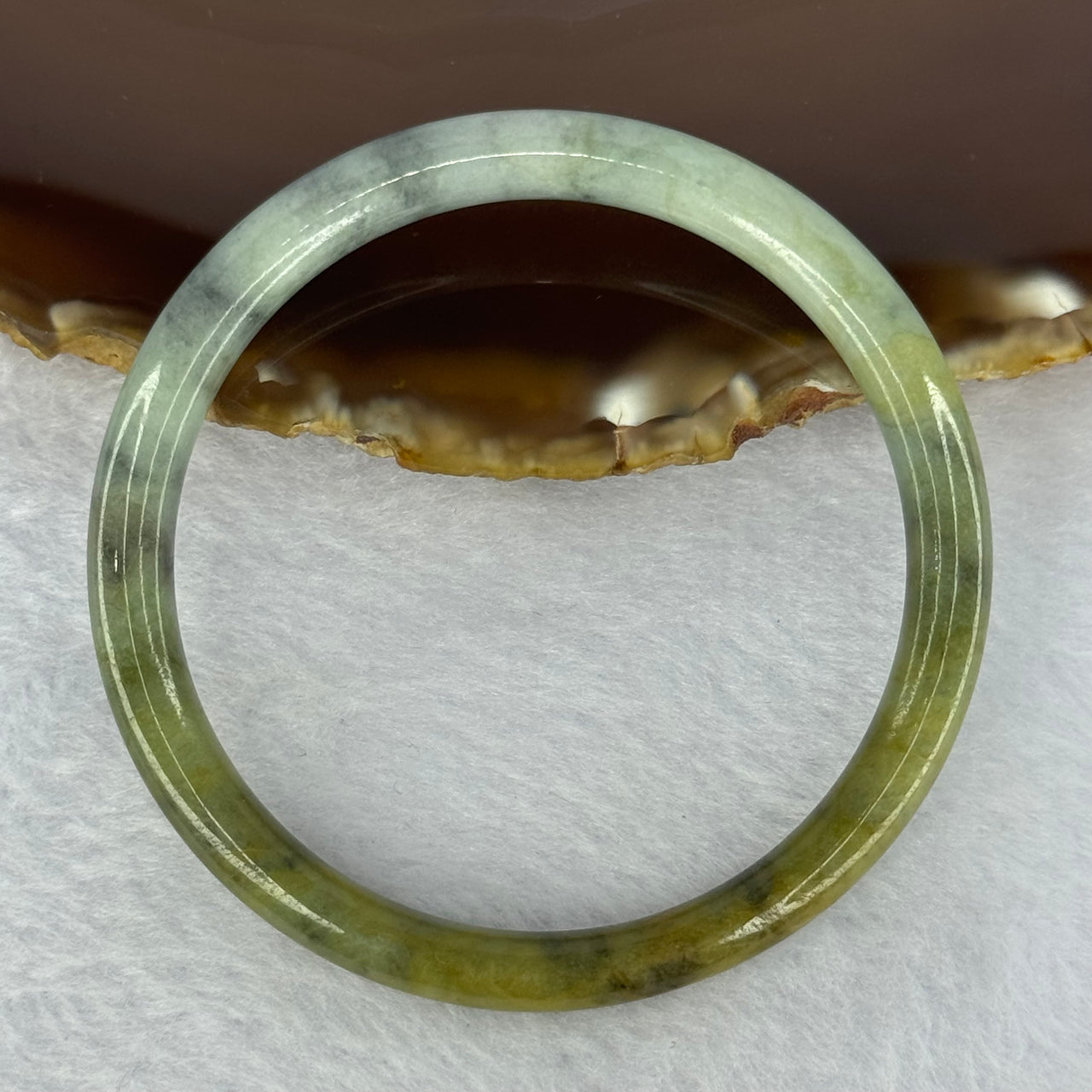Type A Brownish Green with Green Piao Hua Jadeite Bangle 19.16g Internal Diameter 53.5mm 6.5 by 6.7mm (Slight External Line) - Huangs Jadeite and Jewelry Pte Ltd