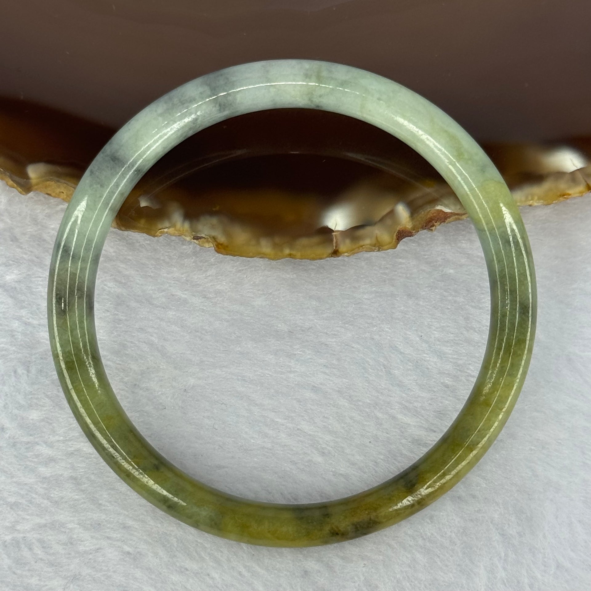 Type A Brownish Green with Green Piao Hua Jadeite Bangle 19.16g Internal Diameter 53.5mm 6.5 by 6.7mm (Slight External Line) - Huangs Jadeite and Jewelry Pte Ltd