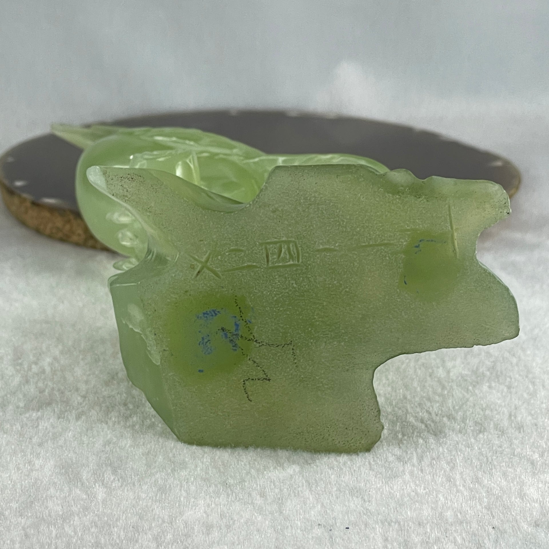 Natural Green Serpentine Bird on Plant with Wooden Stand Display 412.0g 135.0 by 96.0 by 190.0mm - Huangs Jadeite and Jewelry Pte Ltd