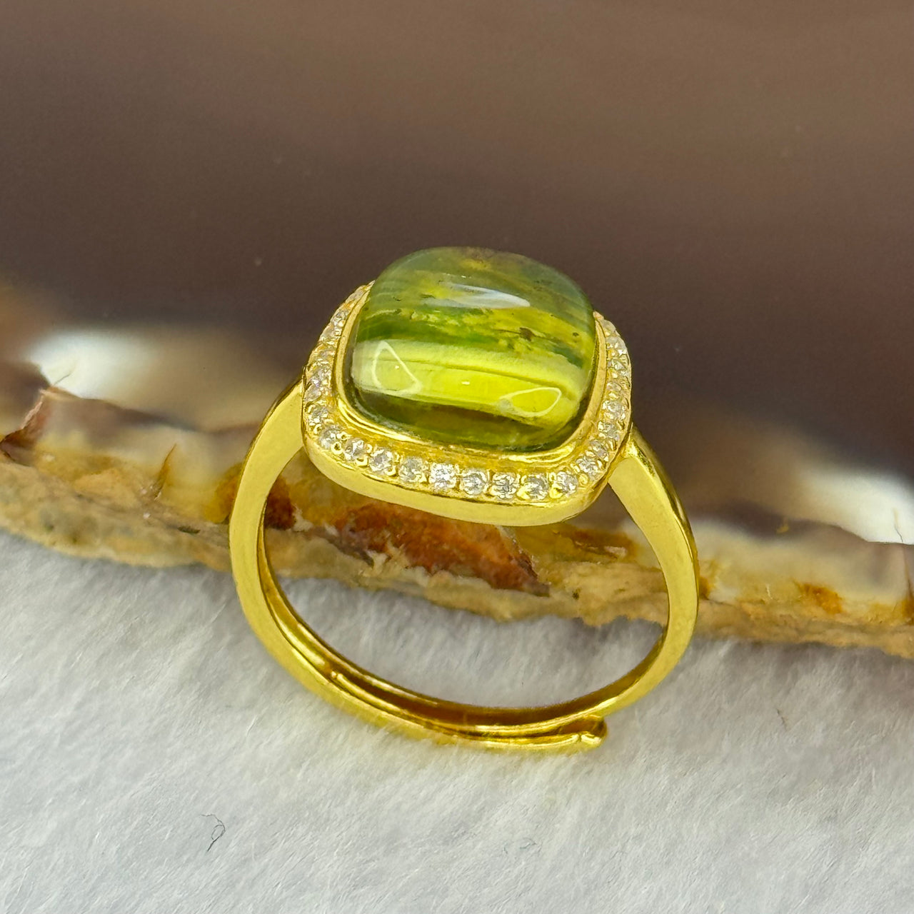 Natural Green Amber with Milk Inclusions in S925 Sliver Gold Color Ring (Adjustable Size) 2.17g 90.0 by 4.0mm - Huangs Jadeite and Jewelry Pte Ltd