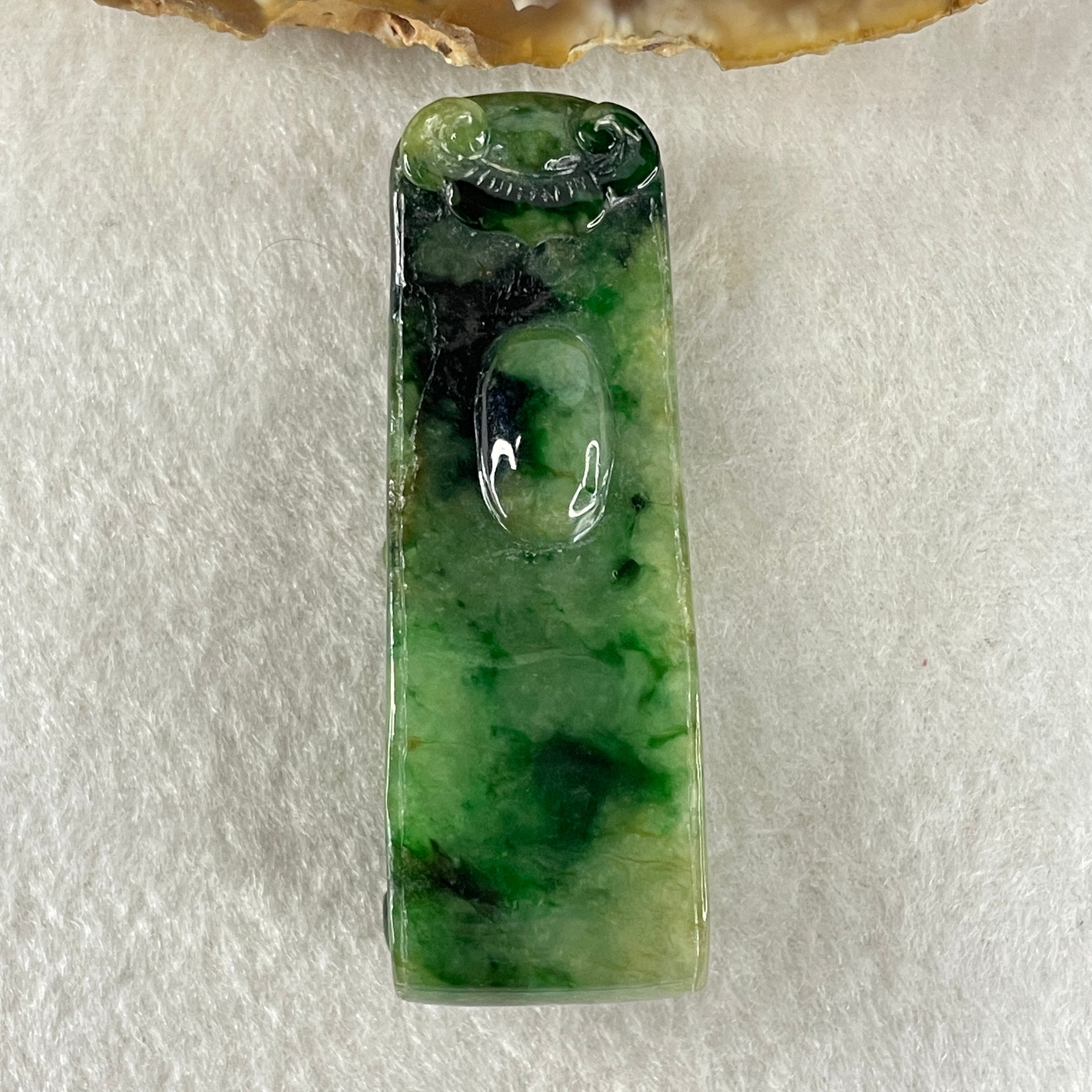 Antique Natural Type A Old Mine Spicy Green with Dark Green Patches Jadeite Dragon Coins with Ruyi Pendant 26.94g 57.8 by 21.2 by 14.7mm - Huangs Jadeite and Jewelry Pte Ltd
