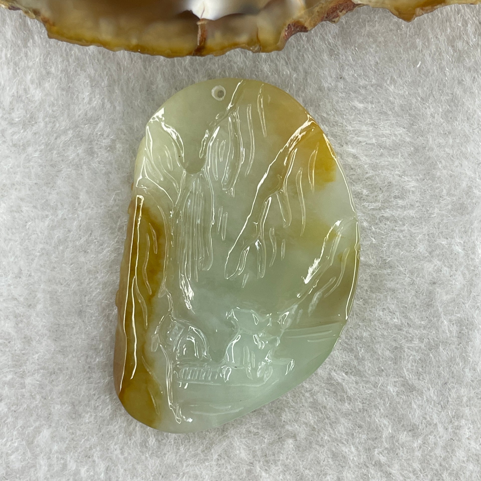 Type A Natural Semi Icy Light Green with Yellow Patches Jadeite Shan Shui Gui Ren Benefactor Pendant 9.79g 38.2 by 25.6 by 6.0mm - Huangs Jadeite and Jewelry Pte Ltd