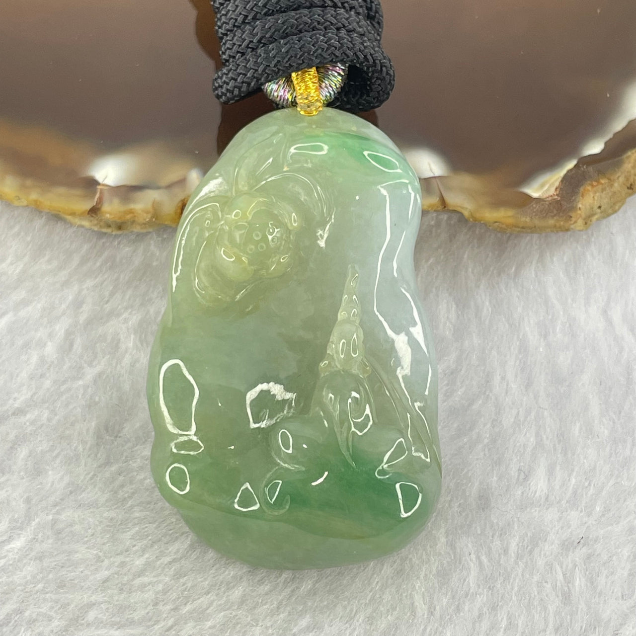 Type A Green and Lavender Jadeite Benefactor and Flower Pendant 34.80g 46.9 by 28.7 by 13.4mm - Huangs Jadeite and Jewelry Pte Ltd