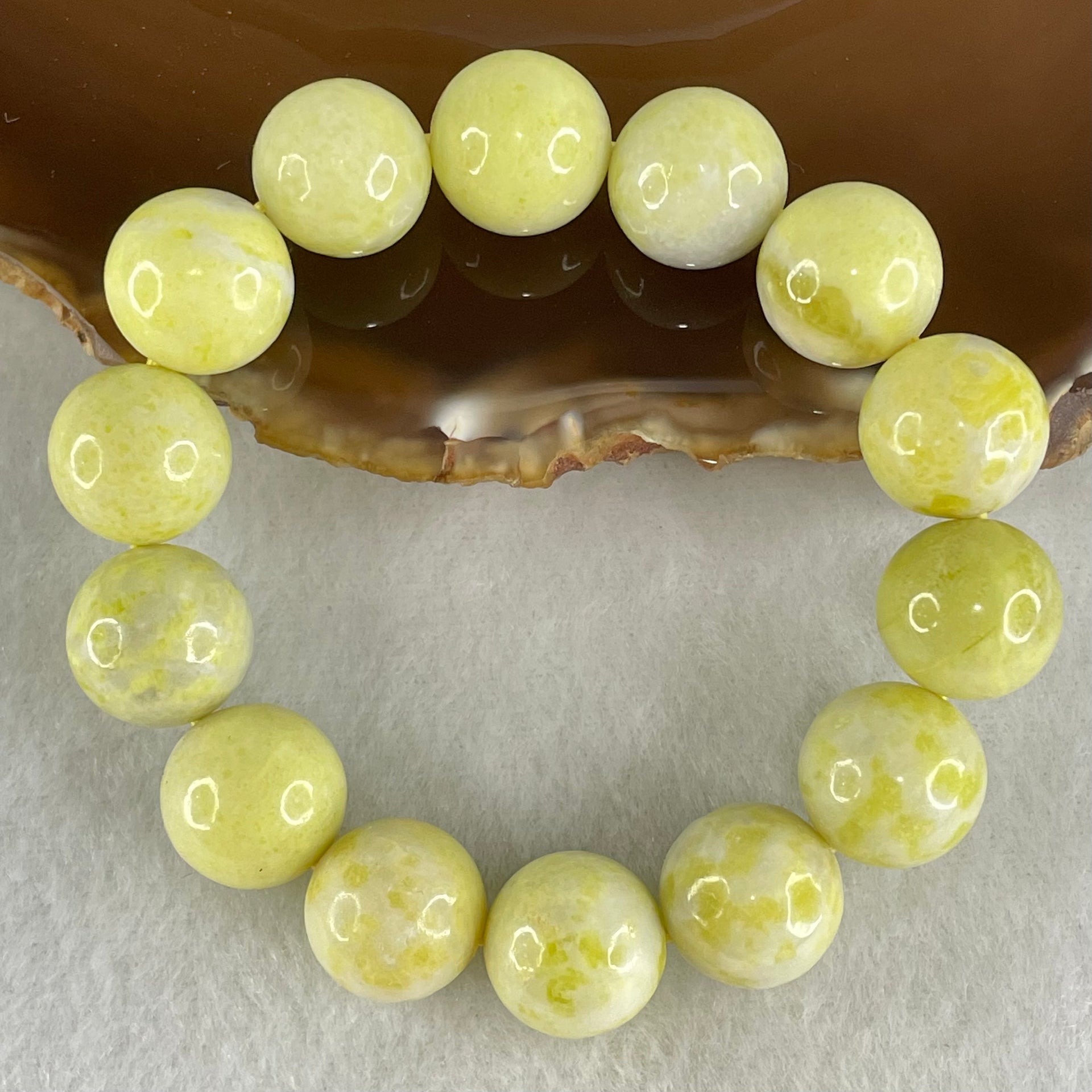 Natural Green Serpentine Jade Beads Bracelet 天然黄山玉手链 54.12g 15cm 14.1mm 14 Beads - Huangs Jadeite and Jewelry Pte Ltd