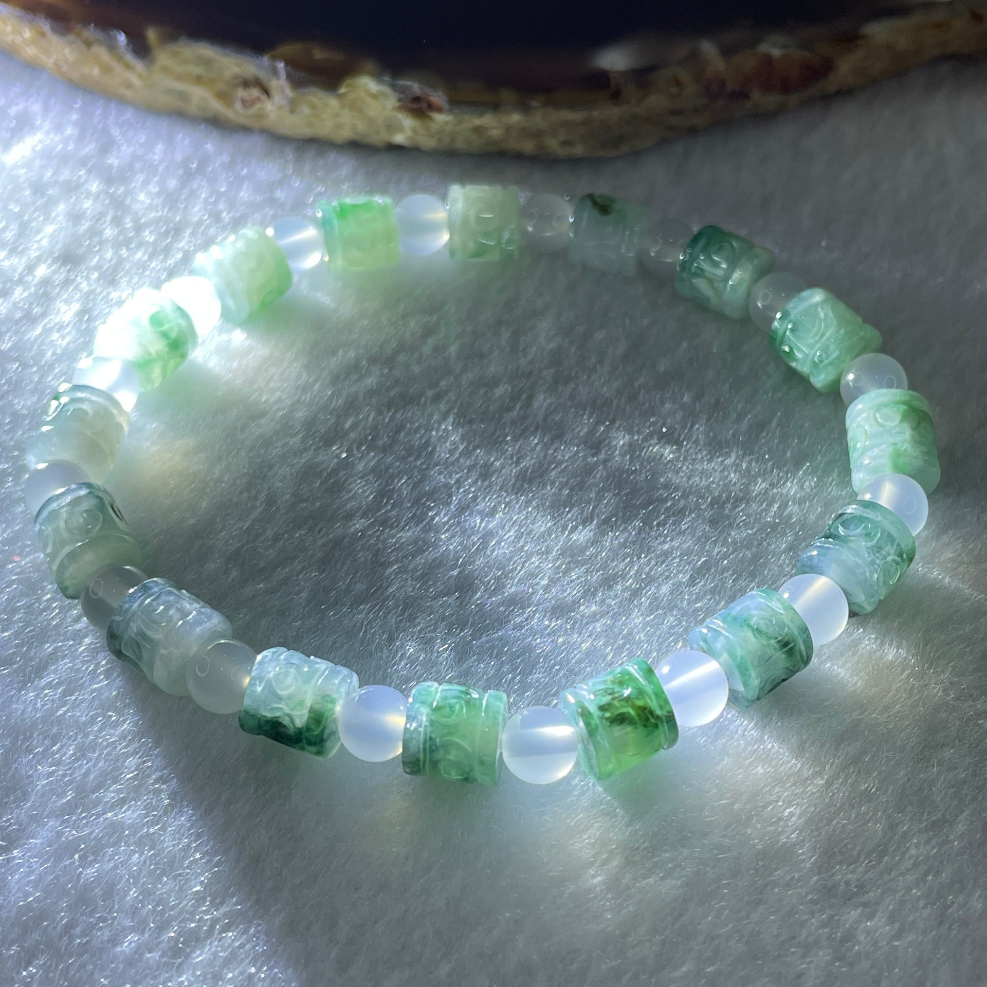 Certified Natural Type A Light Green Jadeite Lulutong Beads with Natural White Agate Beads Bracelet 13.91g 15.5cm 6.1mm 16 Pieces - Huangs Jadeite and Jewelry Pte Ltd