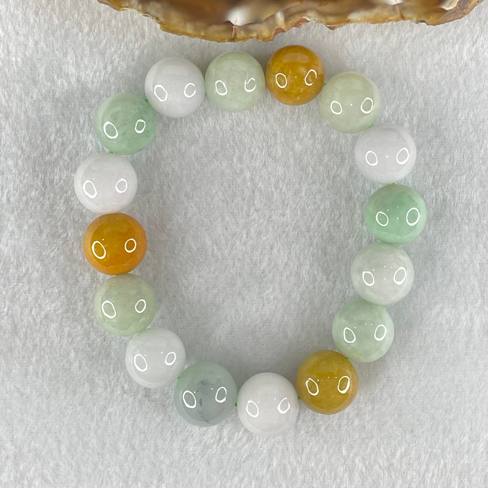 Type A Light Green Faint Lavender and Yellow Jadeite Beads Bracelet 64.31g 18cm 13.5mm 16 Beads - Huangs Jadeite and Jewelry Pte Ltd