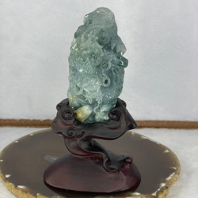 Grand Master Type A Jelly Blueish Green Flora with Yellow Jadeite Fire Dragon with Pixiu 笼饺子Display 164.12g 95.6 by 41.5 by 35.5mm with Wooden Stand for Wealth Luck Attraction - Huangs Jadeite and Jewelry Pte Ltd