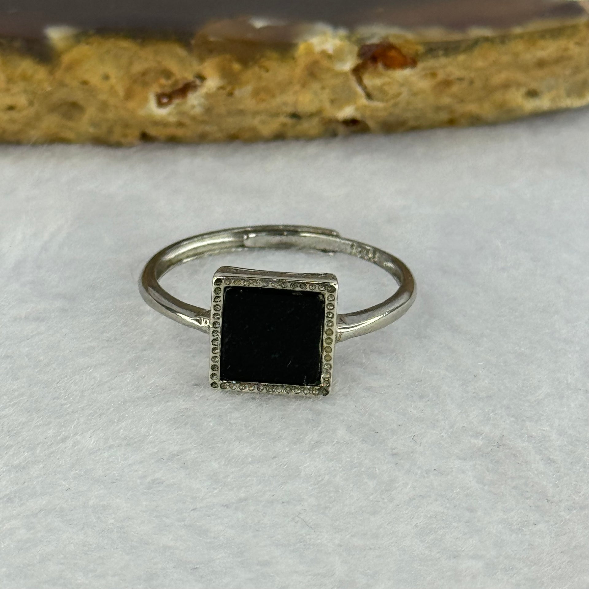 Type A Translucent Black Omphasite Jadeite Square Shaped in S925 Sliver Ring (Adjustable Size) 1.50g 7.5 by 7.5 by 1.5mm - Huangs Jadeite and Jewelry Pte Ltd