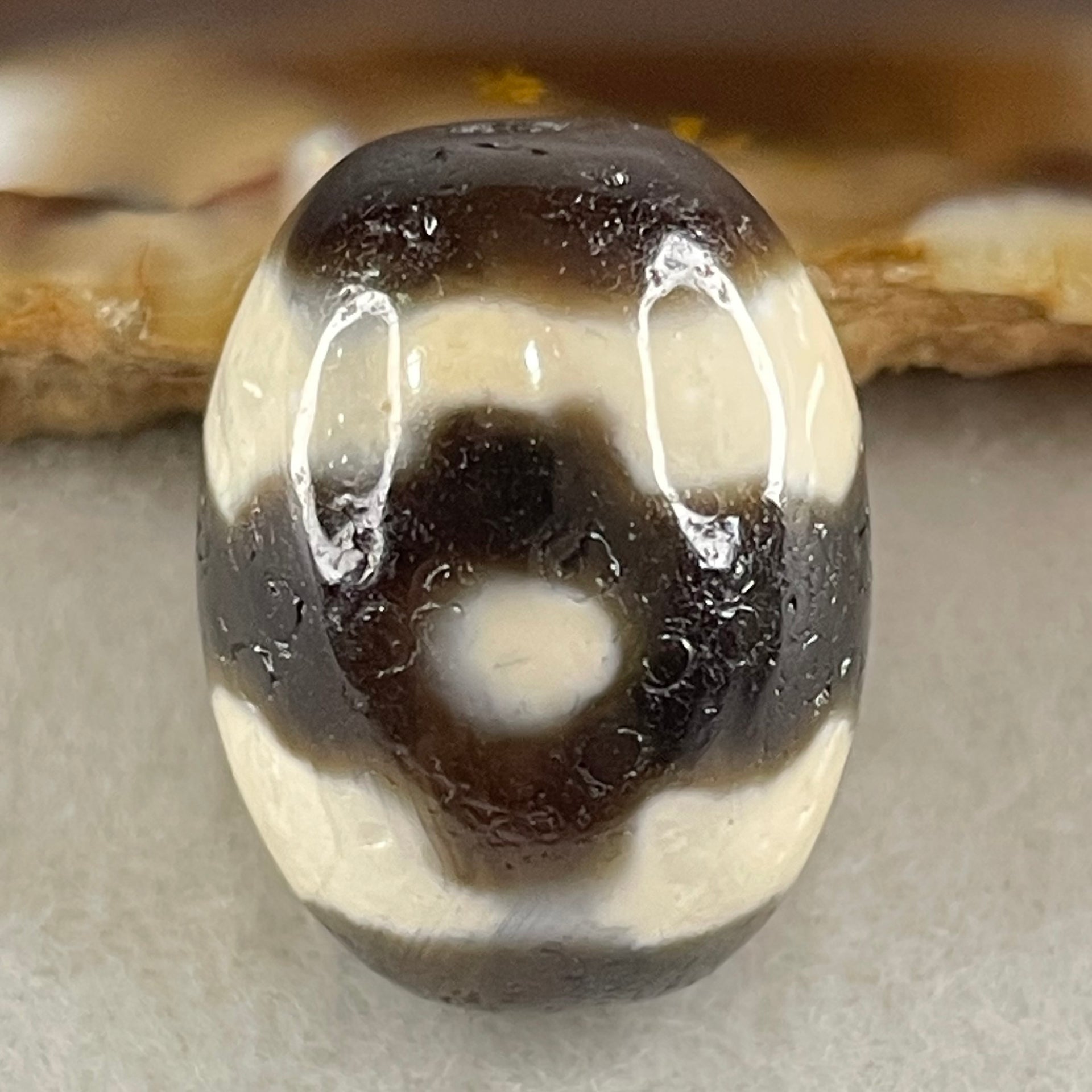 Natural Powerful Tibetan Old Oily Agate 3 Eyes Dzi Bead Heavenly Master (Tian Zhu) 三眼天诛 7.39g 20.4 by 15.9mm - Huangs Jadeite and Jewelry Pte Ltd