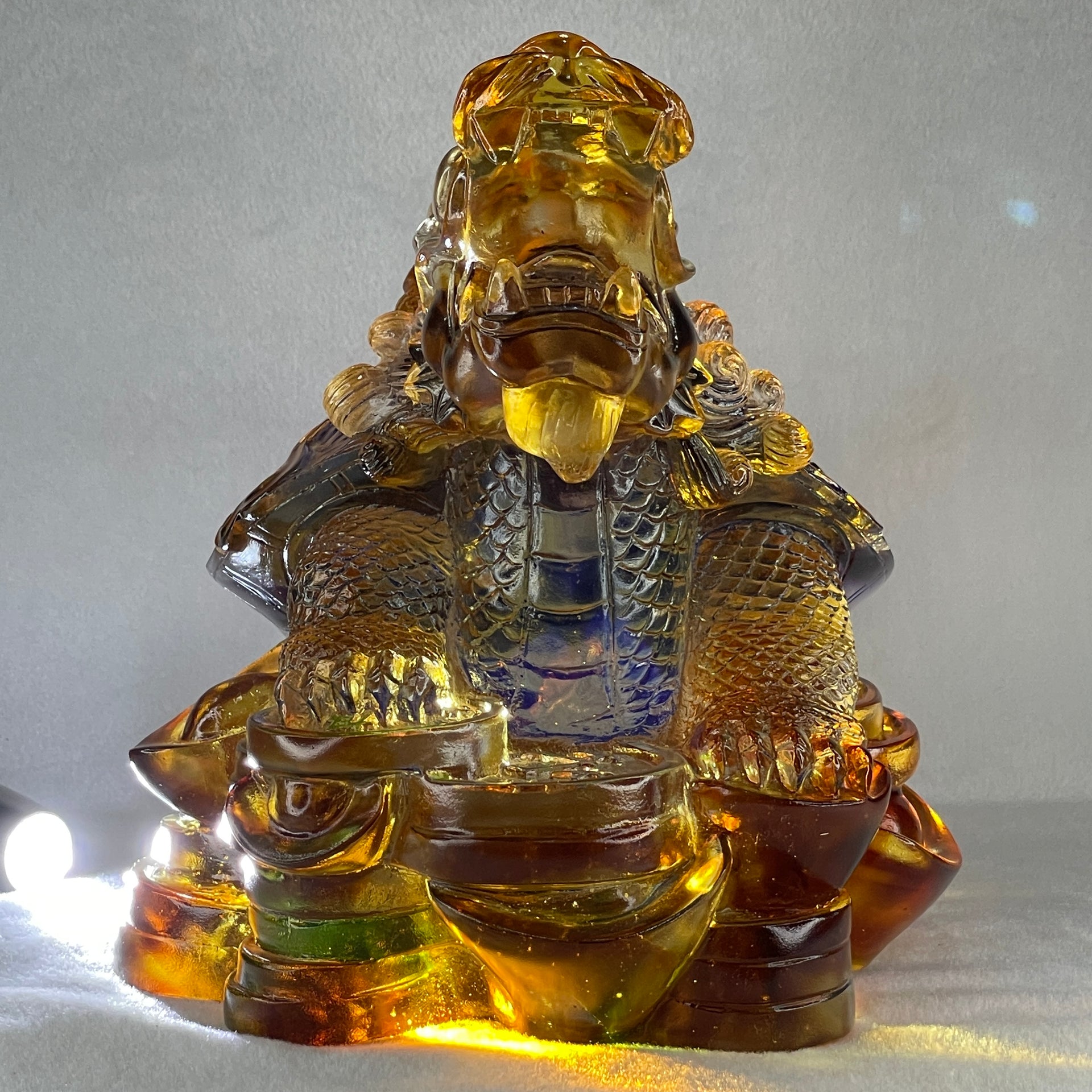 Liuli Orange Blue Dragon Turtle with Baby Turtle on Treasures Display 9,428.2g 270.0 by 185.0 by 210.0mm - Huangs Jadeite and Jewelry Pte Ltd