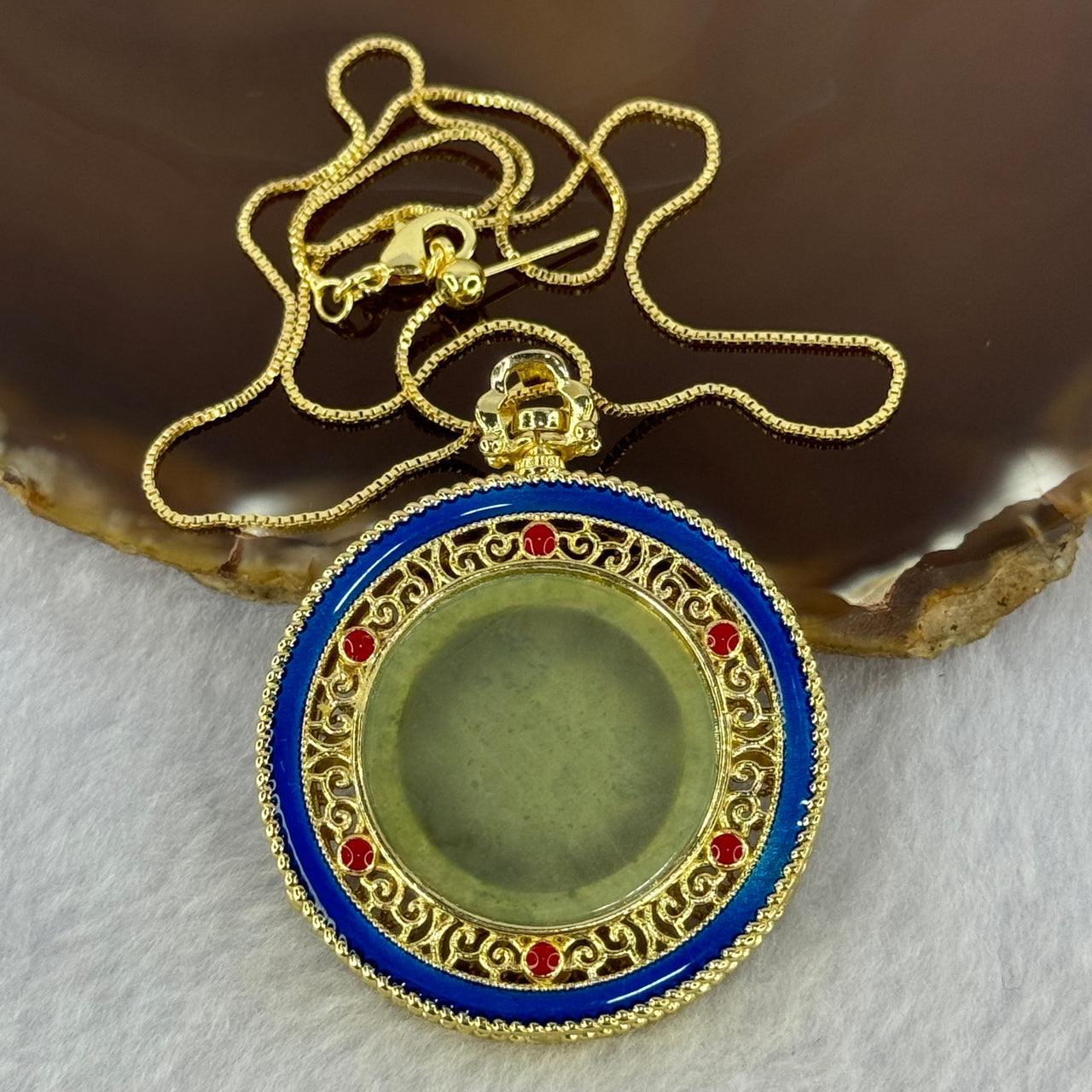 Type A Icy Light Green Jadeite Round Wu Shi Pai Blessing Pendant with Gold Color Silver Necklace 21.74g 25.3 by 2.0mm - Huangs Jadeite and Jewelry Pte Ltd