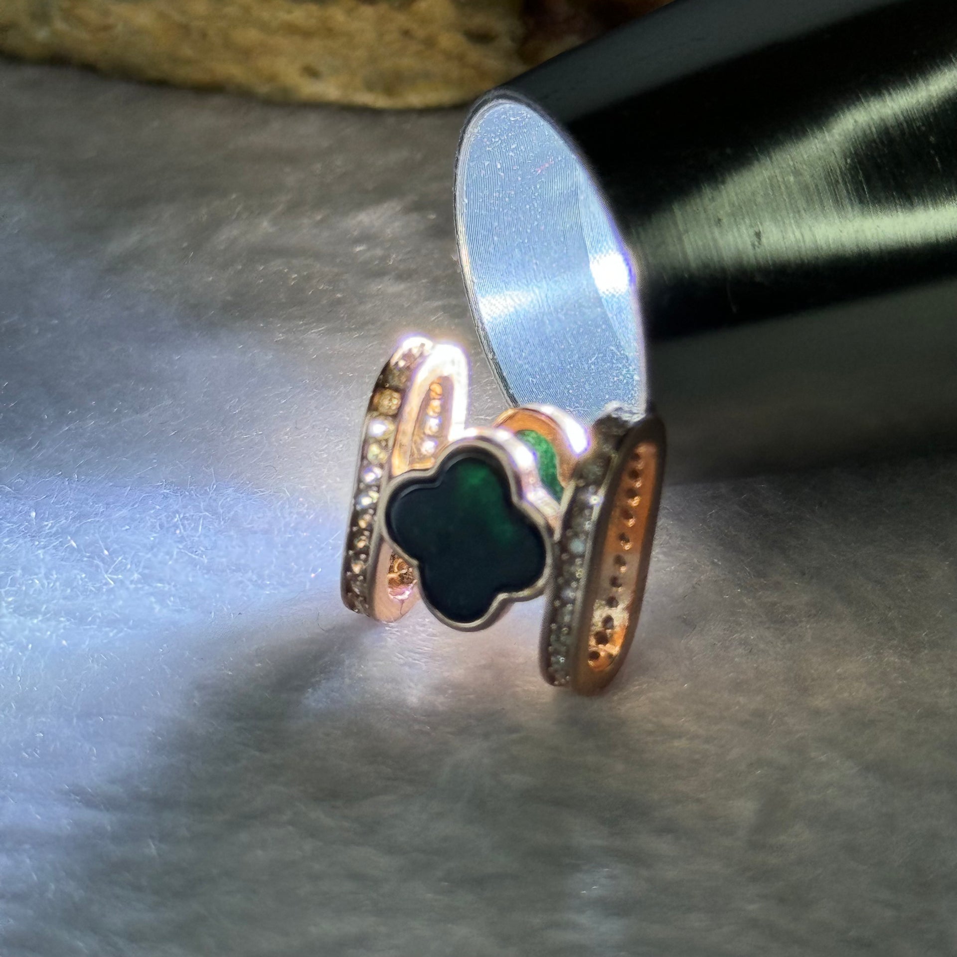 Type A Translucent Black Omphasite Jadeite Double Sided Clover with Crystals in S925 Sliver Rose Gold Color Charm 2.05g 7.7 by 7.7 by 1.5mm - Huangs Jadeite and Jewelry Pte Ltd