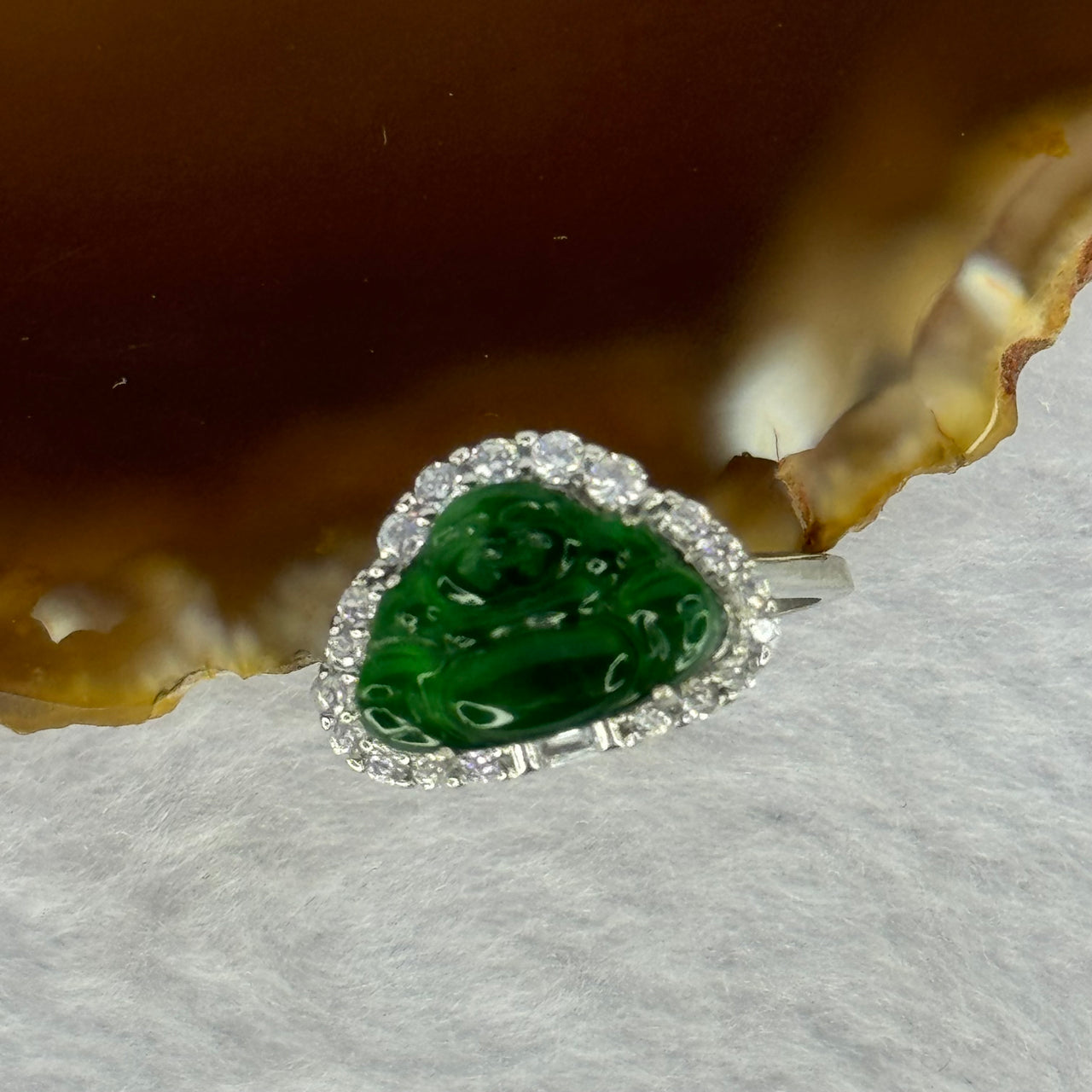 Type A Icy Green Omphasite Jadeite Milo Buddha with Crystals in Sliver Ring (Adjustable Size) 1.82g 8.9 by 13.2 by 2.5mm - Huangs Jadeite and Jewelry Pte Ltd