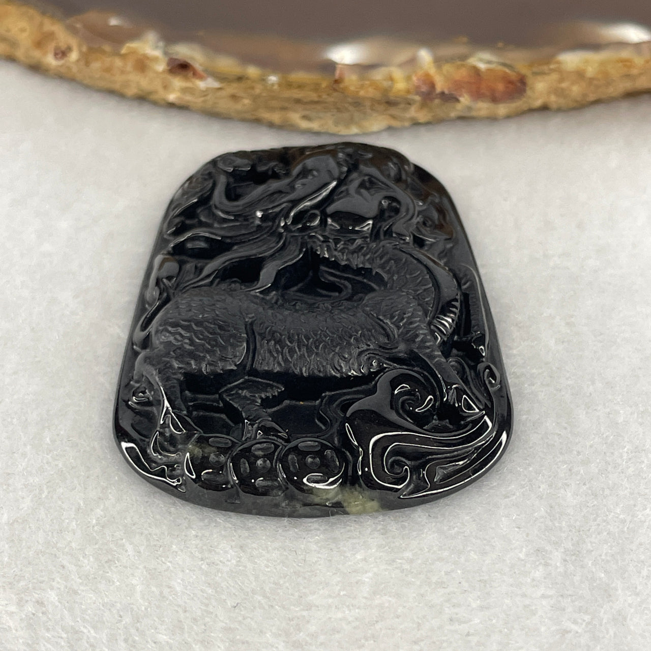 Certified Type A Opaque Black Omphacite Jadeite Qilin with Bat, Coins & Ruyi Pendant | Mythical Guardian Wealth & Authority Talisman (20.05g | 53.9 x 37.7 x 7.2mm)