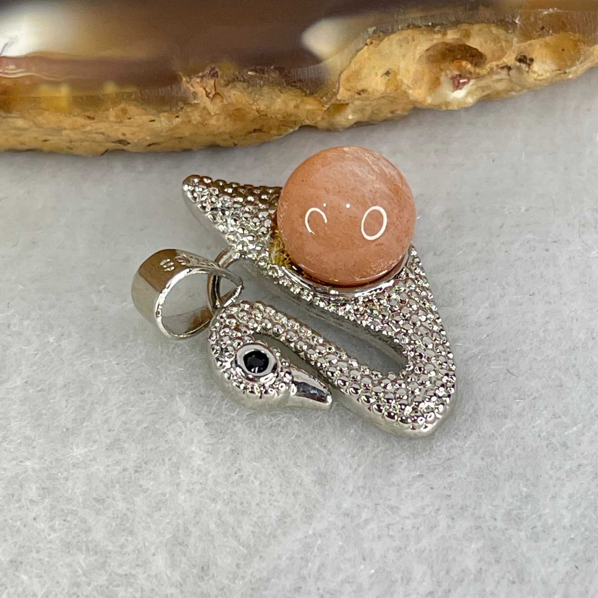 Natural Sunstone Bead with Crystals in S925 Sliver Swan Charm 3.27g 7.7mm - Huangs Jadeite and Jewelry Pte Ltd