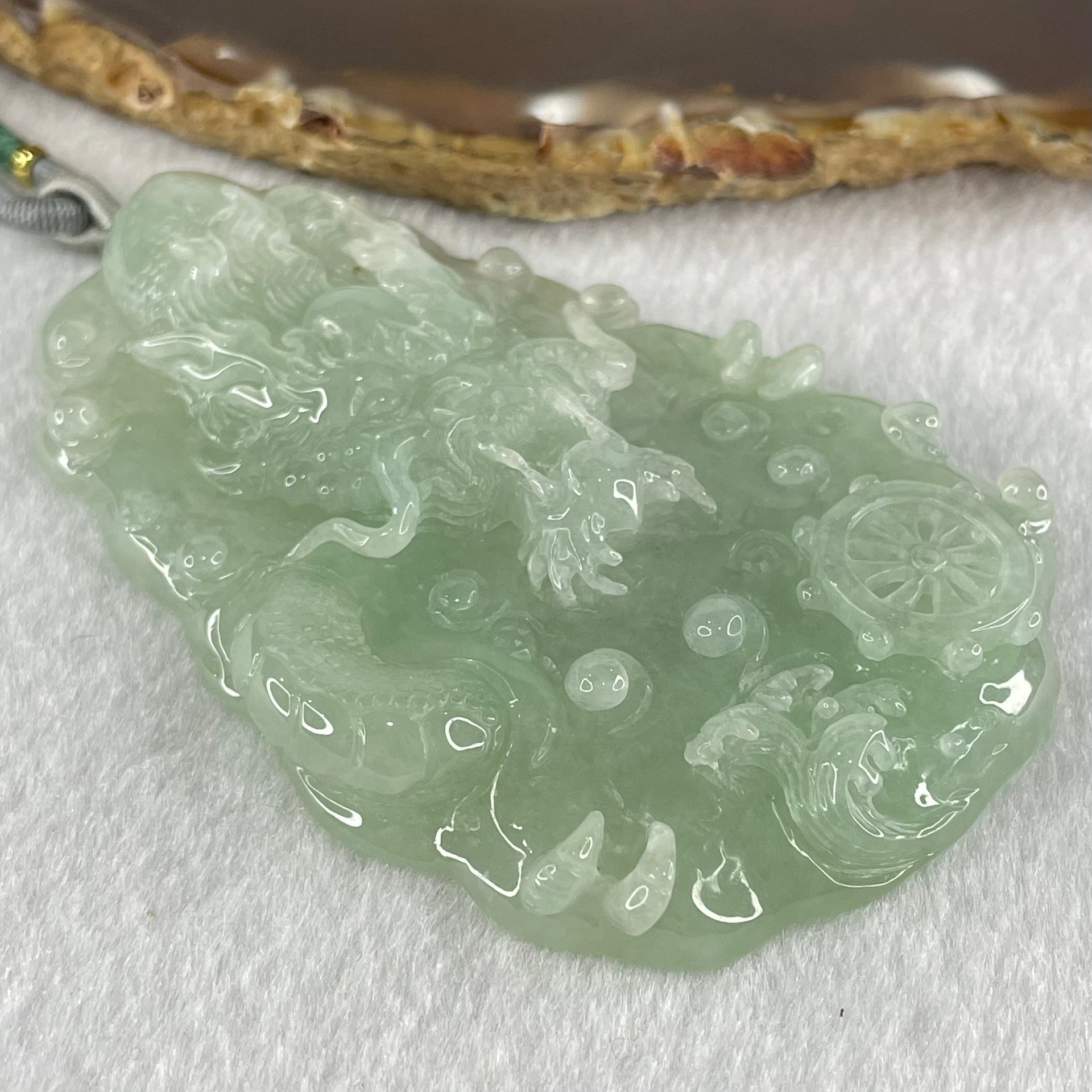 Type A Light Blueish Green (Sky Blue) Jadeite Double Sided Water Dragon Pendant 85.98g 79.4 by 51.9 by 13.7mm - Huangs Jadeite and Jewelry Pte Ltd