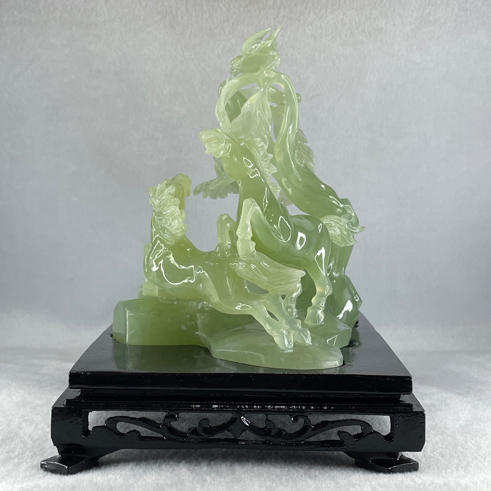 Natural Green Serpentine Double Victory Horses with Twin Birds on Treen and Pond with Wooden Stand Display 1,275.3g 240.0 by 210.0 by 160.0mm - Huangs Jadeite and Jewelry Pte Ltd