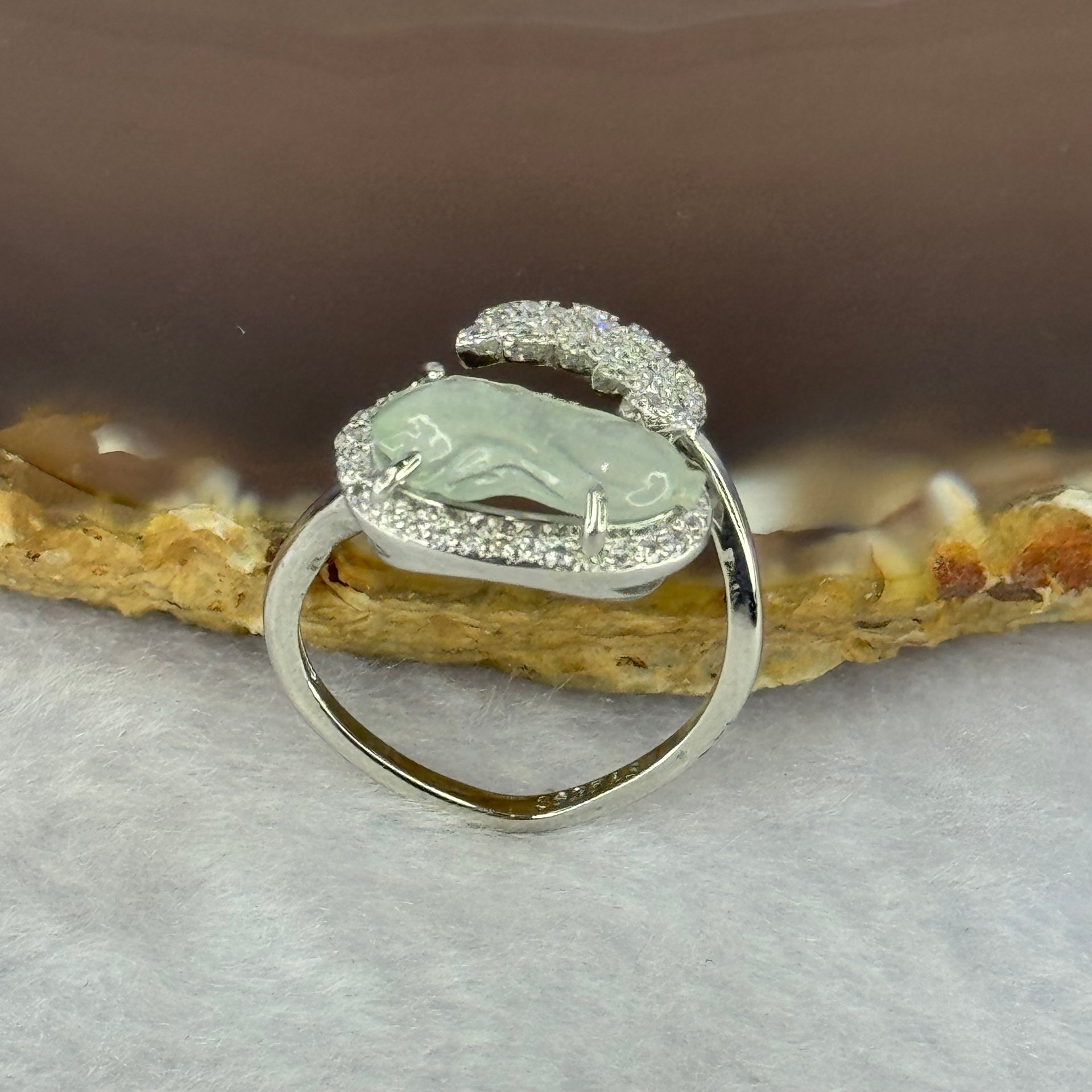 Type A Icy Light Green Jadeite Cabbage with Crystals in S925 Sliver Ring (Adjustable Size) 2.27g 12.7 by 6.8 by 2.5mm - Huangs Jadeite and Jewelry Pte Ltd