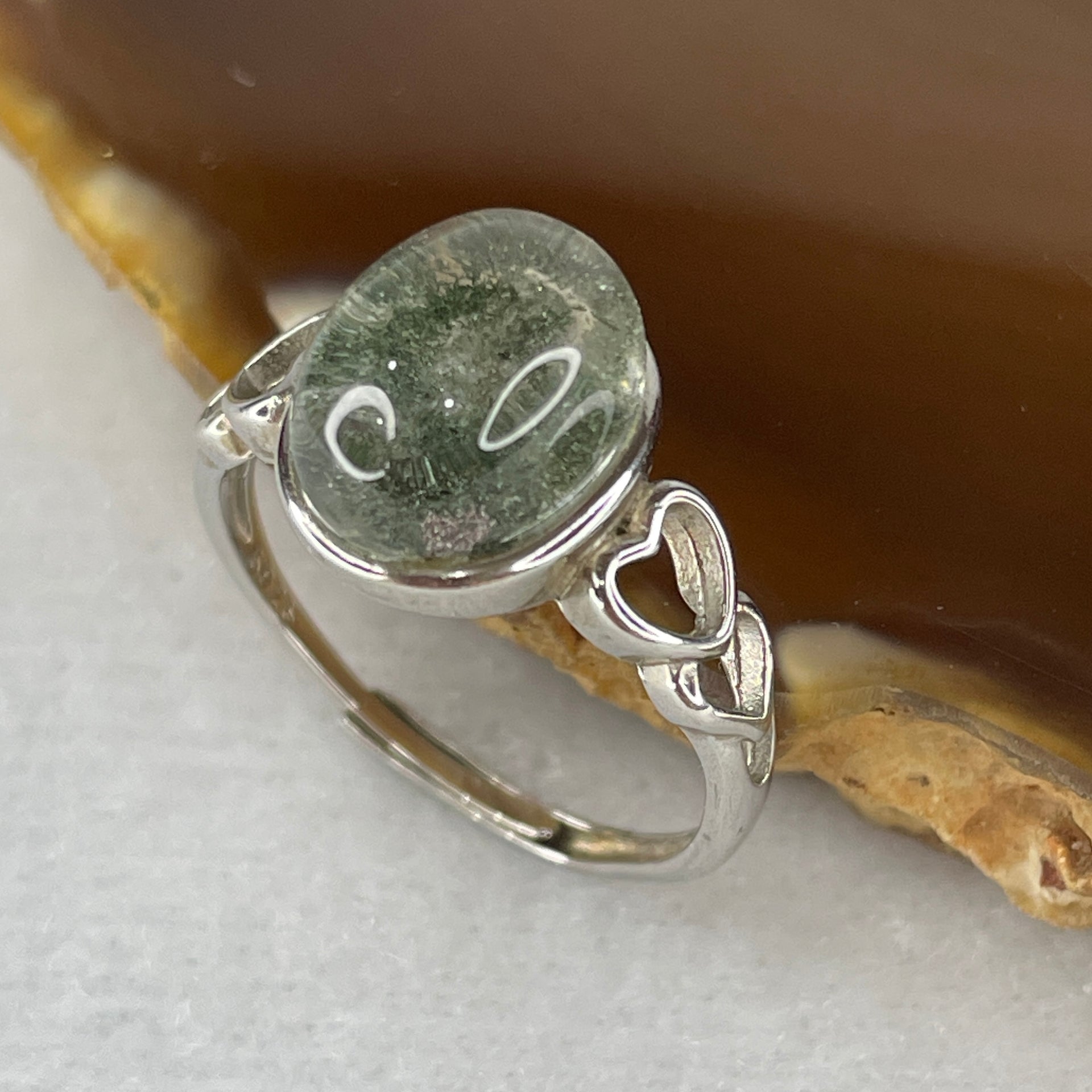 Good Grade Natural Green Phantom Quartz Ring in S925 Sliver 2.32g 10.5 by 8.2 by 5.5mm (Adjustable Size) - Huangs Jadeite and Jewelry Pte Ltd