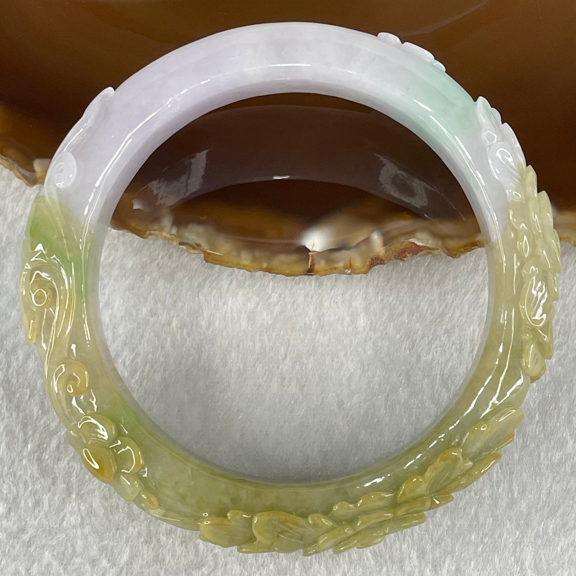 Type A Brownish Green with Lavender Jadeite Prosperity Flowers Bangle 64.22g Internal Diameter 54.6mm 14.2 by 10.3mm (Very Fine Internal Line) - Huangs Jadeite and Jewelry Pte Ltd