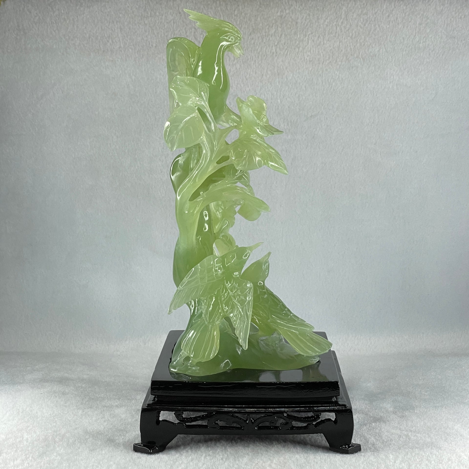 Natural Green Serpentine Phoenix with Double Magpies Birds on Tree with Wooden Stand Display 770.6g 155.0 by 125.0 by 230.0mm - Huangs Jadeite and Jewelry Pte Ltd