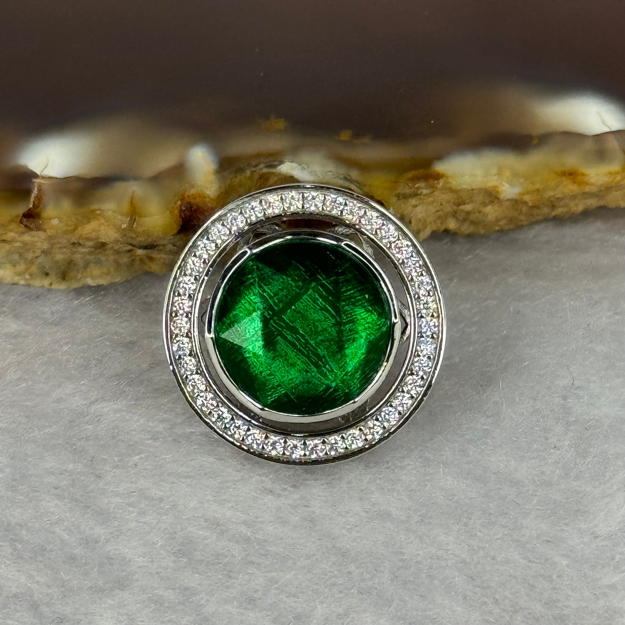 Natural Meteorite Spinning High Energy Feng Shui Charm in S925 Silver with Crystals For Necklace / Bracelet (Green Color) 4.03g 16.8 by 7.2mm - Huangs Jadeite and Jewelry Pte Ltd