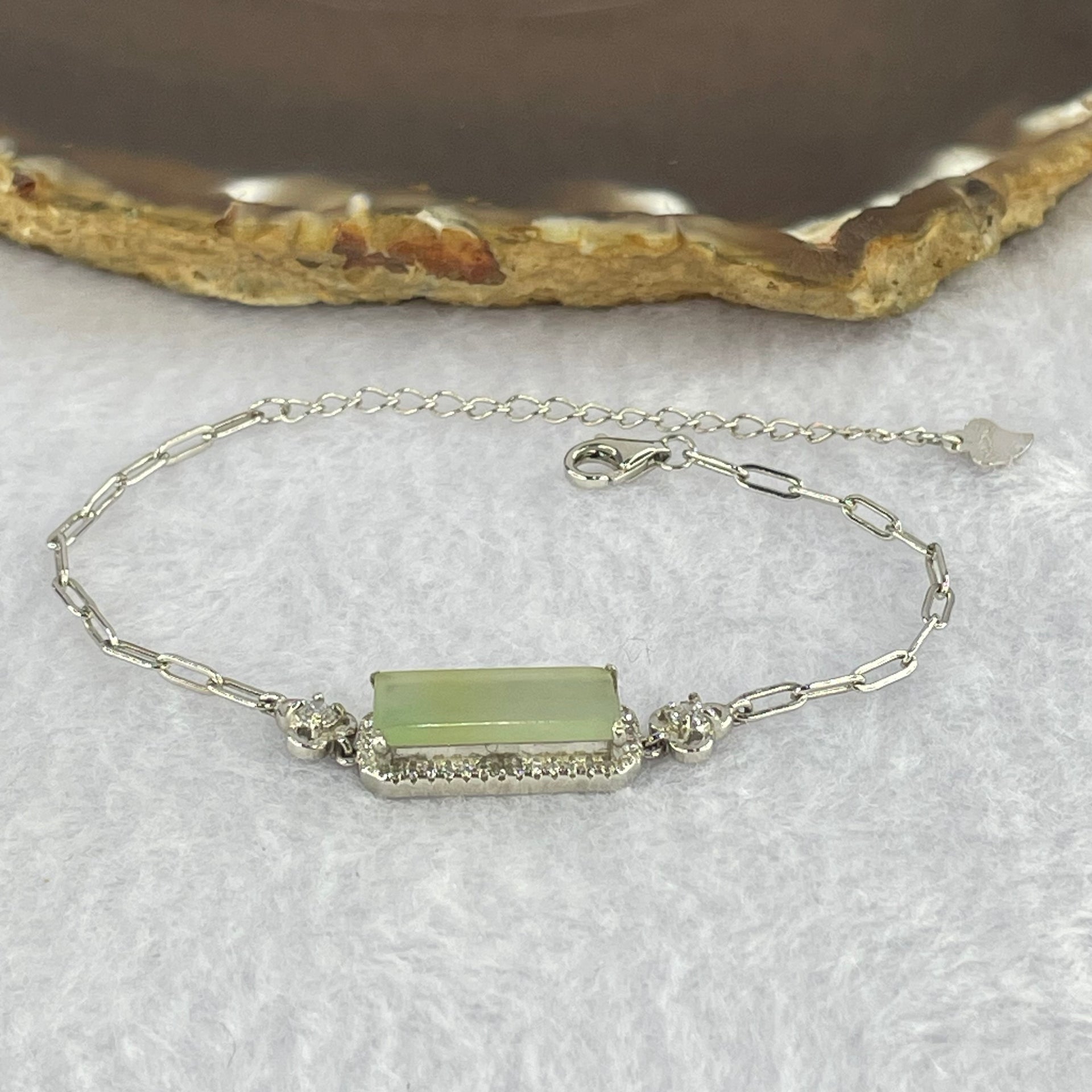 Type A Icy Light Green Jadeite Wu Shi Pai with Crystals in S925 Sliver Bracelet 5.06g 16.6 by 7.4 by 2.5mm - Huangs Jadeite and Jewelry Pte Ltd