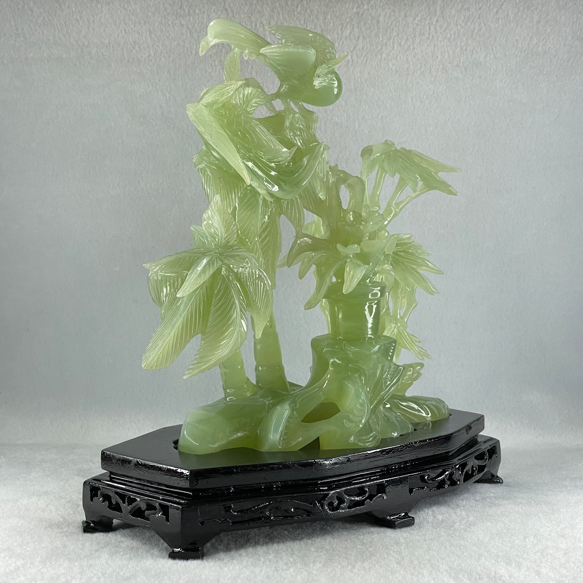 Natural Green Serpentine Double Phoenix with Bamboo Treen and Flower with Wooden Stand Display 1,096.7g 220.0 by 130.0 by 220.0mm - Huangs Jadeite and Jewelry Pte Ltd