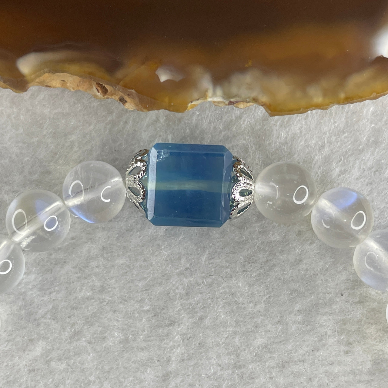 Good Grade Natural Blueish Transparent White Moonstone Beads with Aquamarine Charm Bracelet 16.14g 16cm 7.8mm 23 Beads - Huangs Jadeite and Jewelry Pte Ltd
