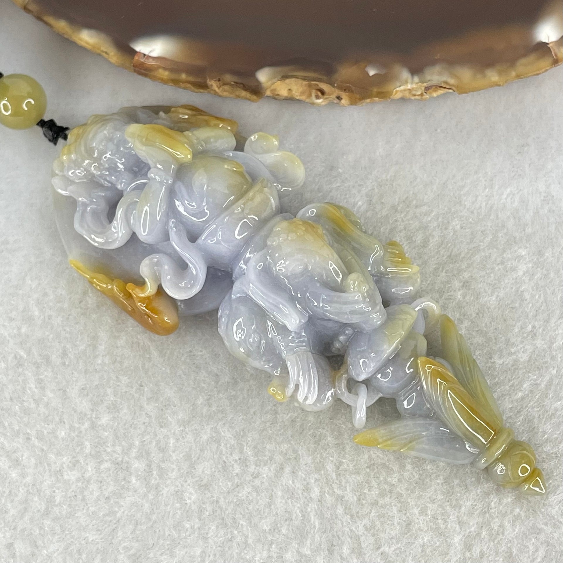 Type A Deep Lavender with Brownish Patches Jadeite Acala on 3 Elephants and Dagger Pendant Necklace 72.27g 89.6 by 34.0 by 20.3mm - Huangs Jadeite and Jewelry Pte Ltd