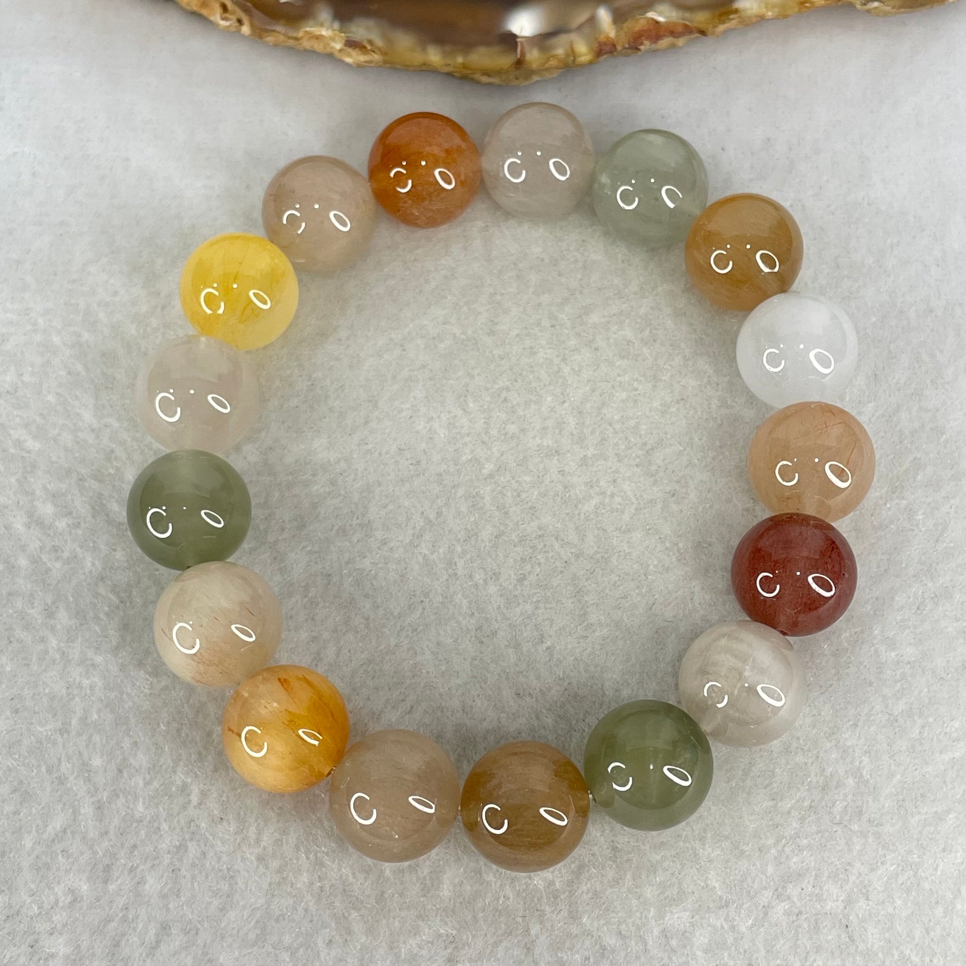 Above Average Grade Natural Muti Colour Rabbit Hair Rutilated Quartz Beads Bracelet 46.75g 18cm 12.7mm 17 Beads - Huangs Jadeite and Jewelry Pte Ltd