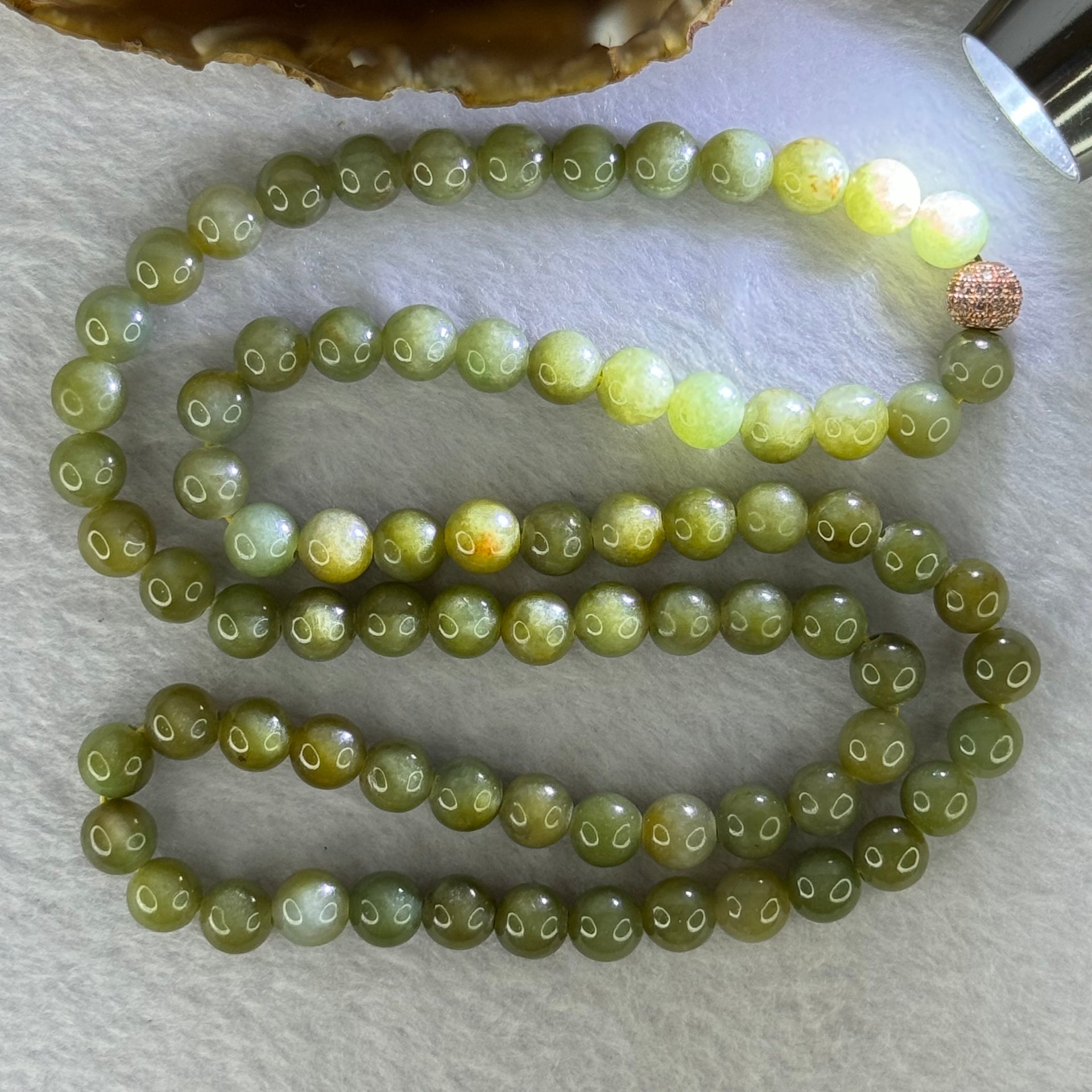 Type A Green with Yellow Jadeite Beads Necklace 72.55g 60cm 8.3mm 78 Beads - Huangs Jadeite and Jewelry Pte Ltd