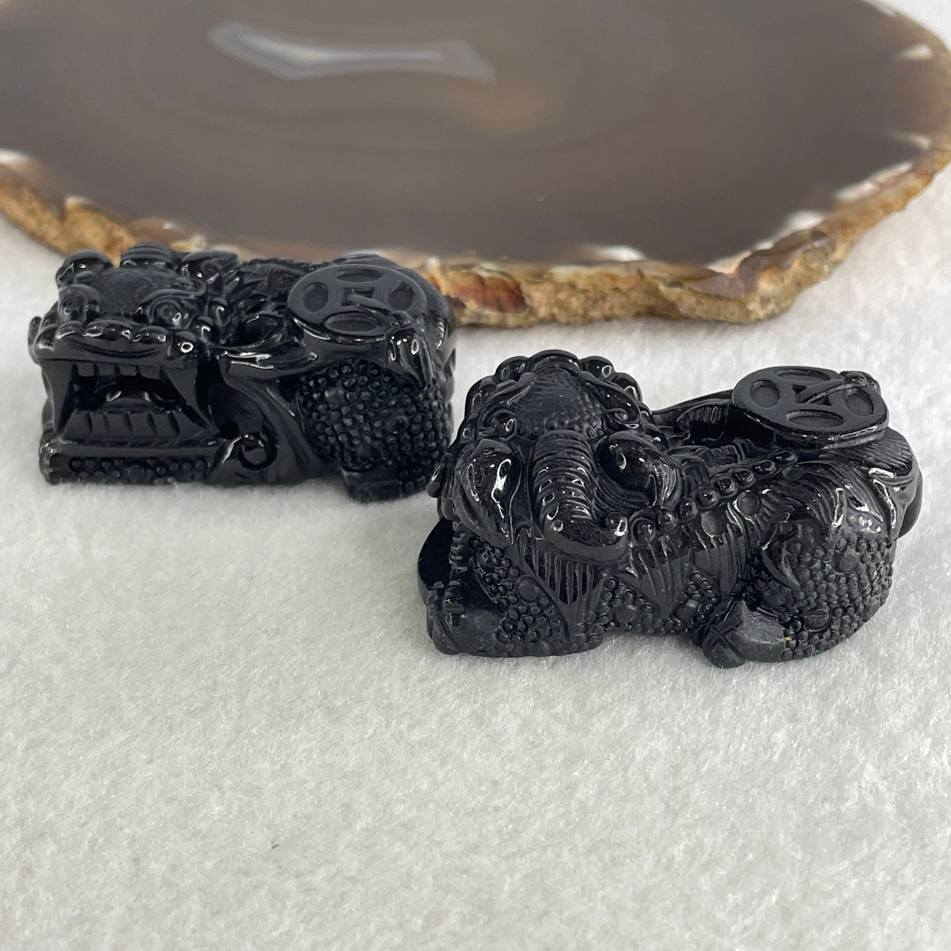 Certified Natural Type A Black Omphacite Jadeite Pixiu pair Pendant Each About 63.02g 51.2 by 29.4 by 21.0mm And 64.42g 48.5 by 28.1 by 22.7mm - Huangs Jadeite and Jewelry Pte Ltd