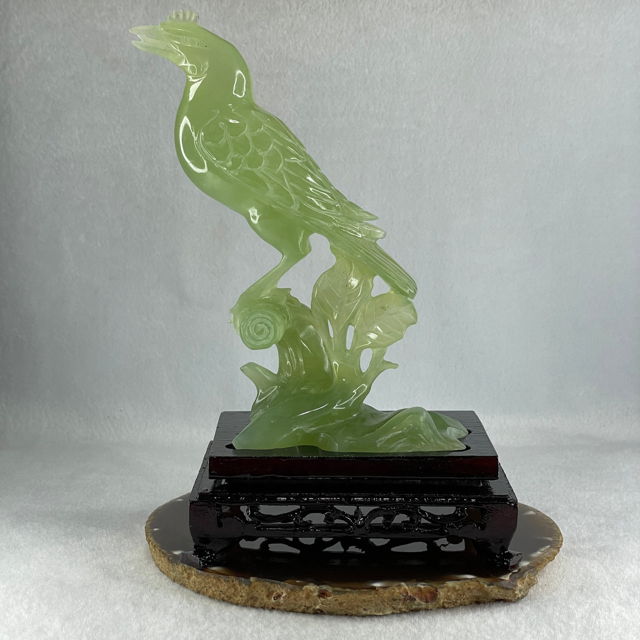 Natural Green Serpentine Bird on Plant with Wooden Stand Display 412.0g 135.0 by 96.0 by 190.0mm - Huangs Jadeite and Jewelry Pte Ltd