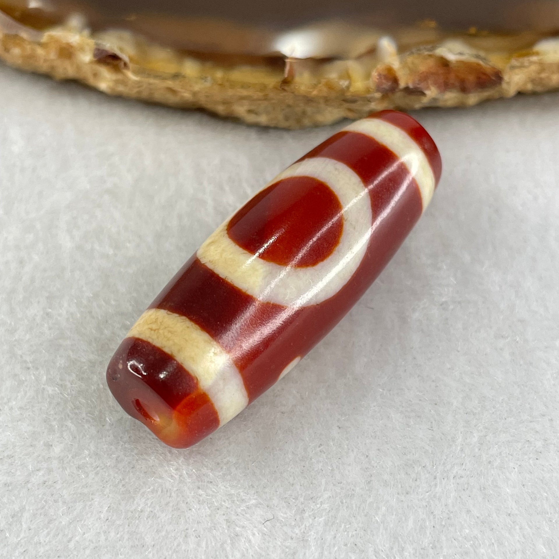 Natural Powerful Tibetan Old Oily Red White Agate One Eye Earth Element Dzi Bead Heavenly Master (Tian Zhu) 一眼土元素天珠 10.72g 37.5 by 13.5mm - Huangs Jadeite and Jewelry Pte Ltd