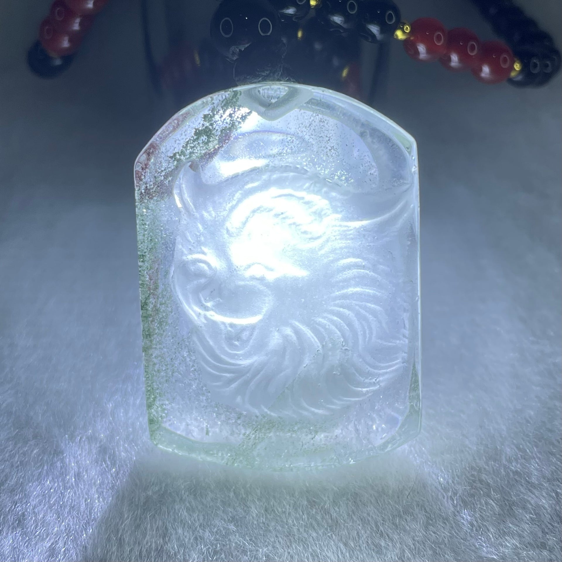 Above Average Grade Natural Green Phantom Quartz Tiger Pendant with Onyx Beads Necklace 28.56g 33.4 by 23.7 by 10.0mm - Huangs Jadeite and Jewelry Pte Ltd