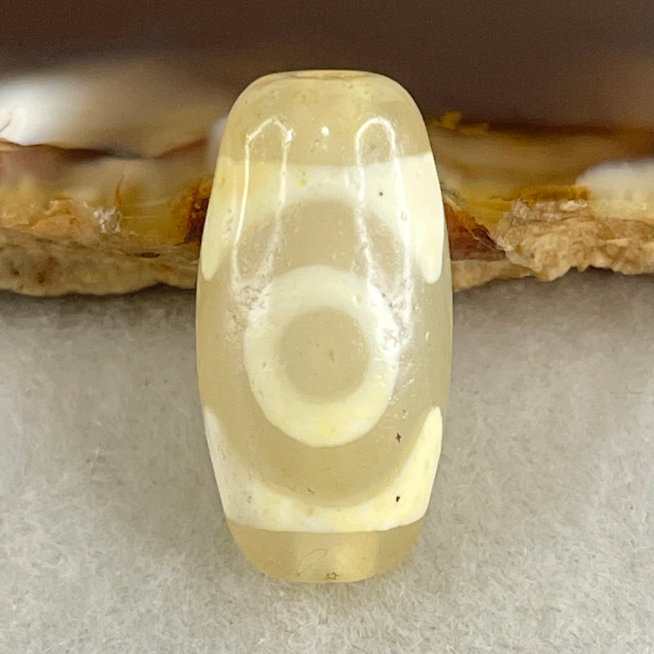 Natural Powerful Tibetan Old Oily Agate 3 Eyes Dzi Bead Heavenly Master (Tian Zhu) 三眼天诛 3.00g 20.0 by 10.2mm - Huangs Jadeite and Jewelry Pte Ltd