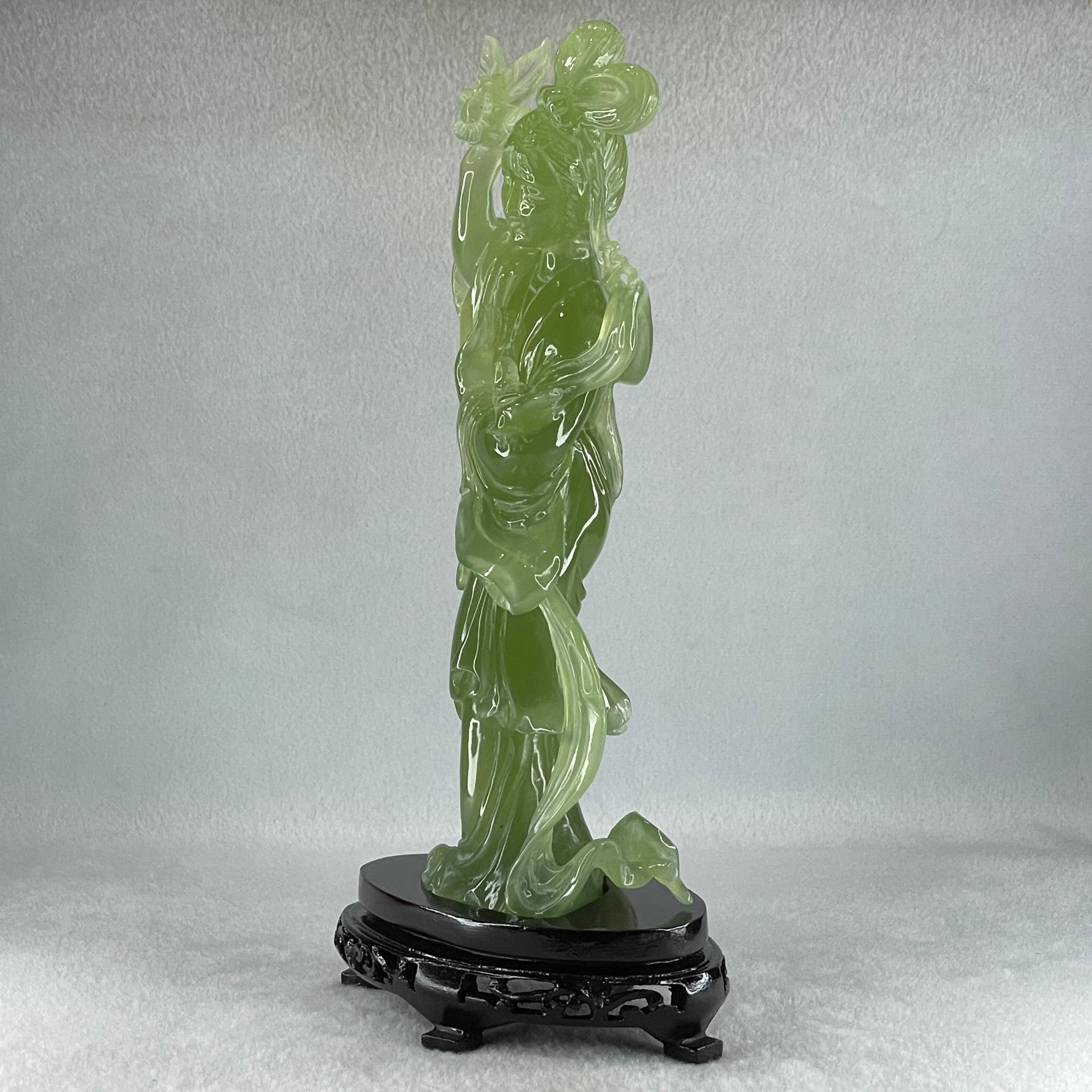 Natural Green Serpentine Fairy with Bird and Flower with Wooden Stand Display 697.8g 118.0 by 257.0 by 75.0mm - Huangs Jadeite and Jewelry Pte Ltd